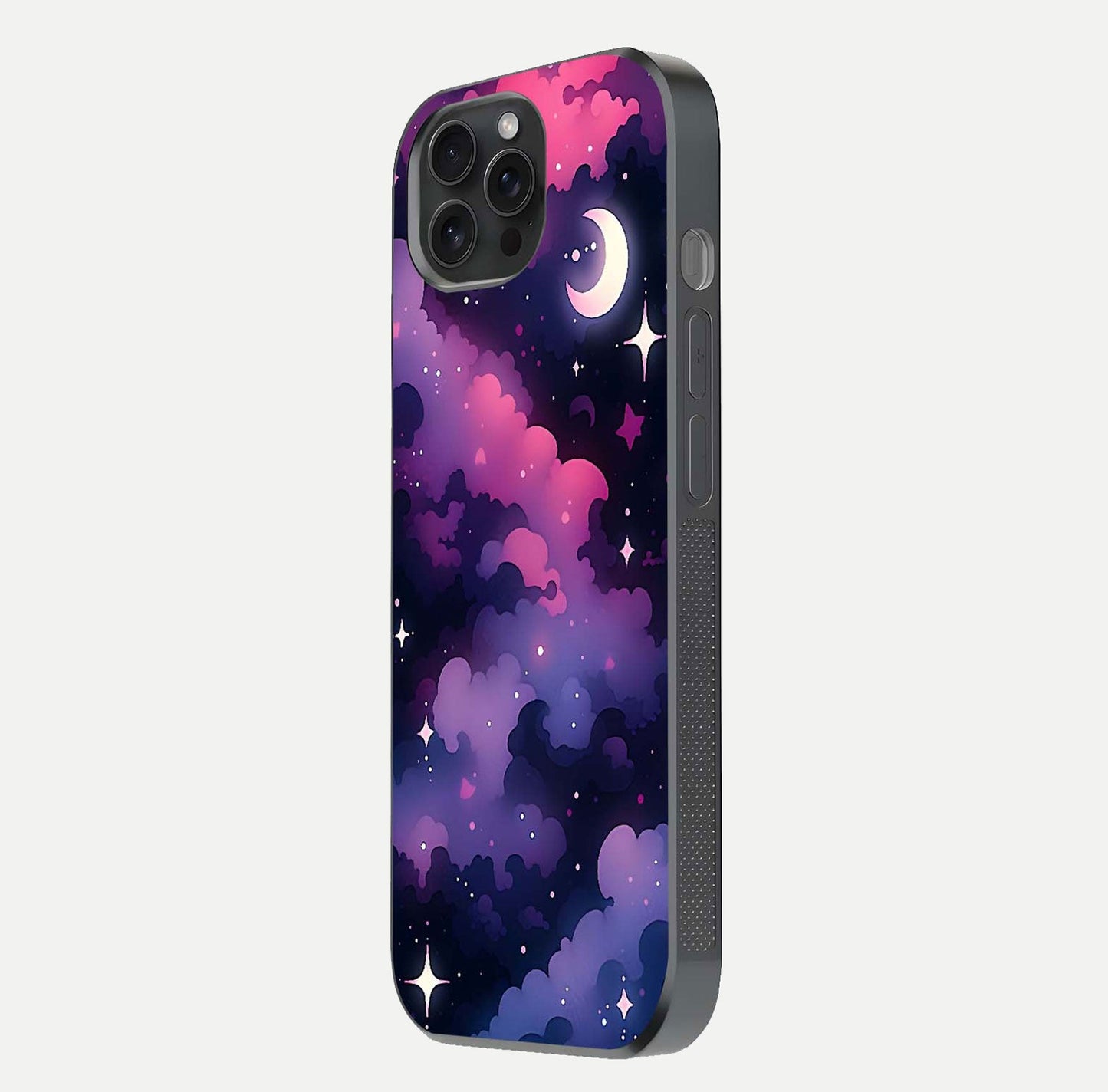 Celestial Moon Magic Glass Case for iPhone 15 Pro side-angle shot capturing soft reflection and curved gloss