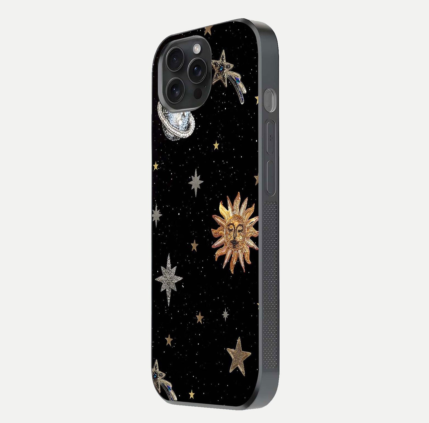 Celestial Moon With Stars Glass Case for iPhone 15 Pro side-angle view showing curved edges and shimmer glow