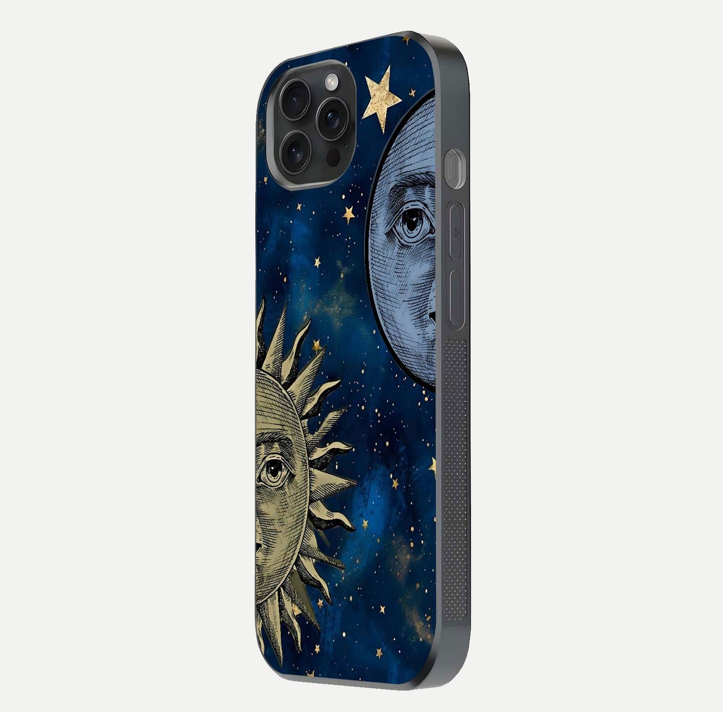 Celestial Moon With Sun Glass Case for iPhone 15 Pro side-angle image showing reflection tones and cosmic edge
