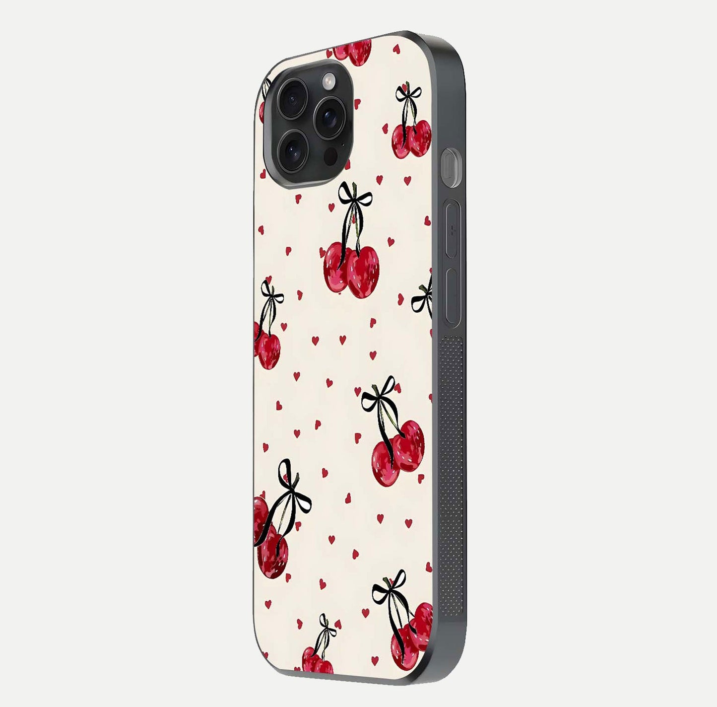 Cherry Heart Bow Glass Case for iPhone 15 Pro side-angle image capturing gloss texture and charm bow art