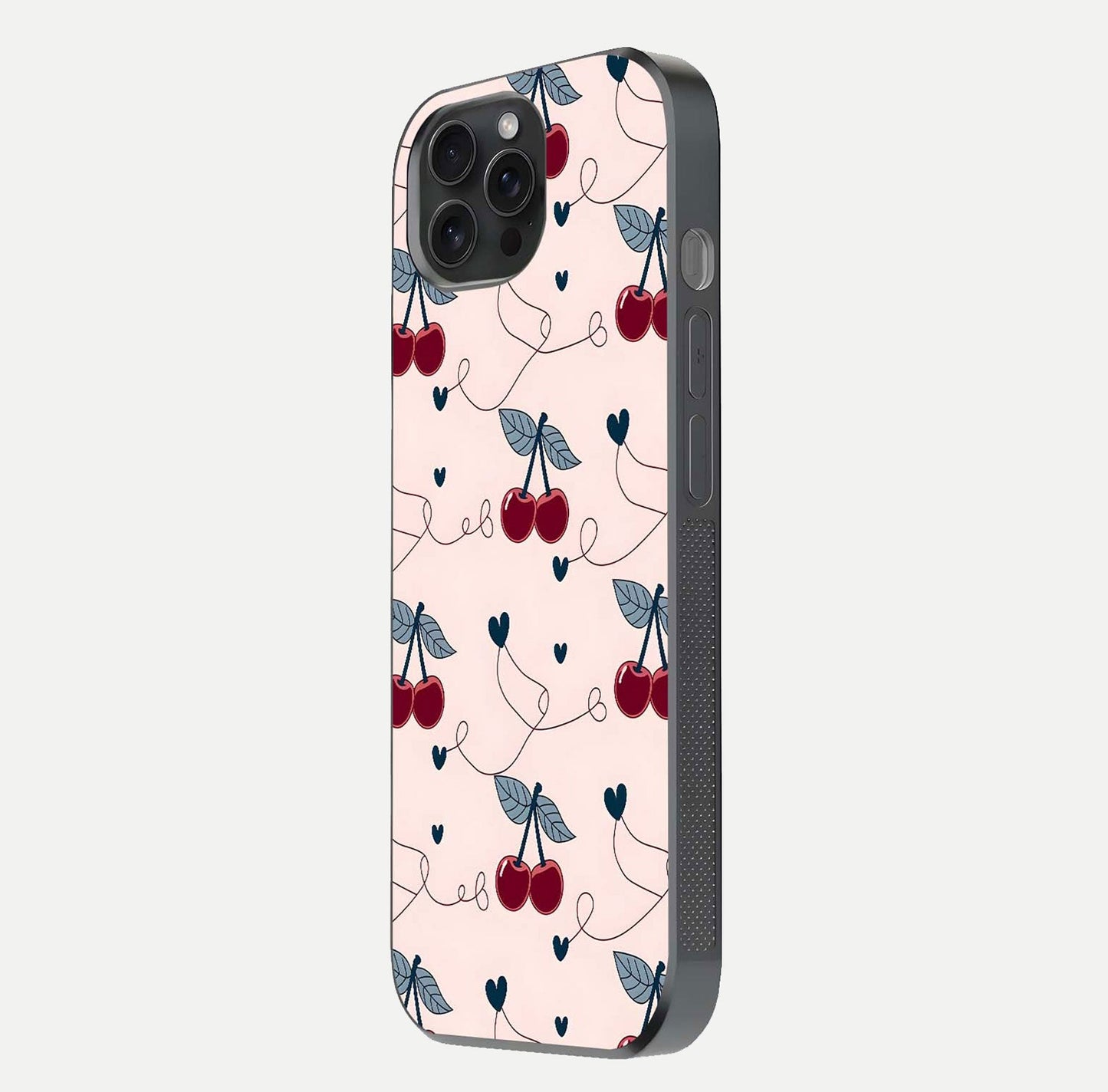 Cherry Heart Line Glass Case for iPhone 15 Pro side-angle view capturing smooth curves and shine effect