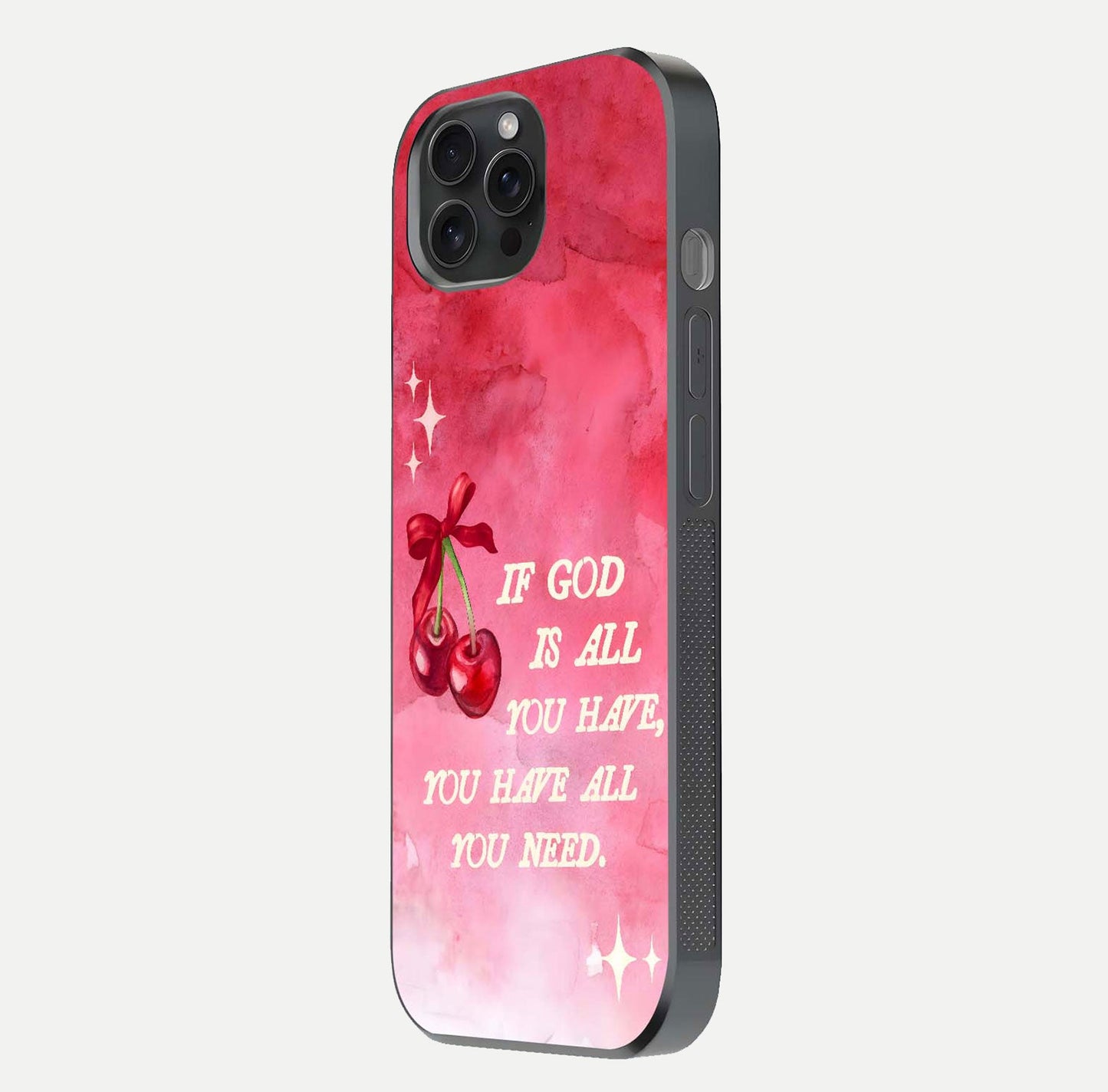 Cherry Quote Glass Case for iPhone 15 Pro side-angle image showing curve glow and glass detail