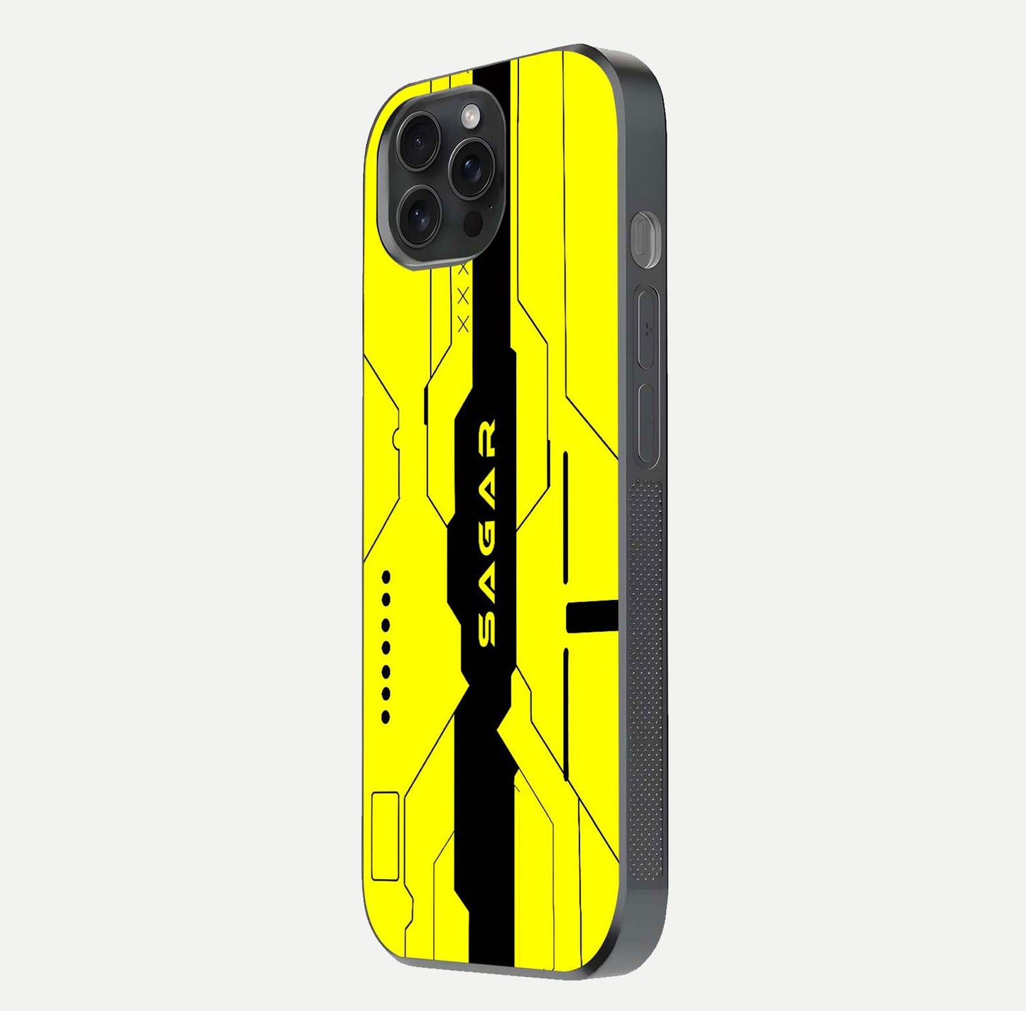 Circuit CYBERPUNK Custom Name Glass Case for iPhone 15 Pro side-angle image showing reflective finish and design precision