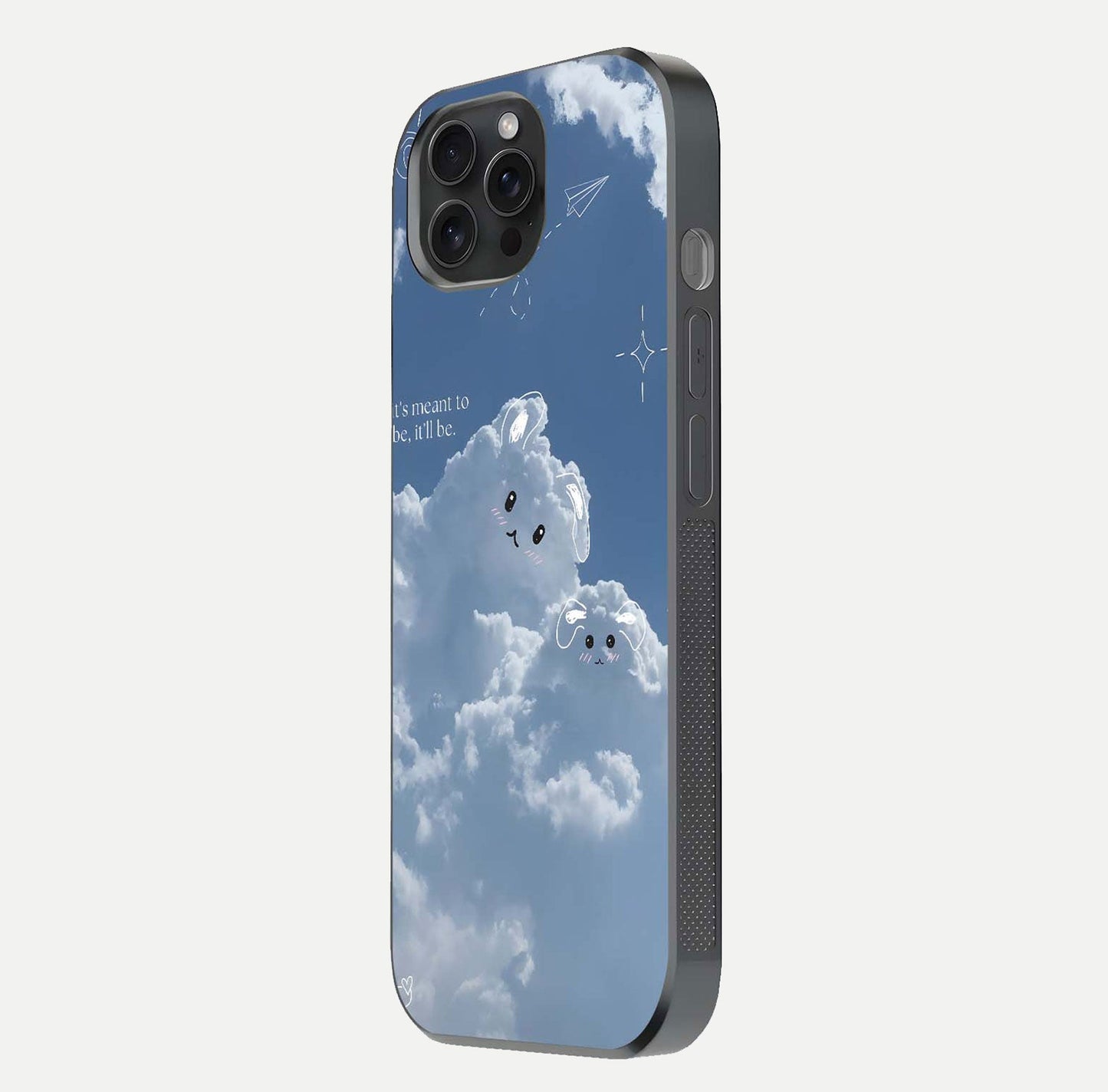Cloud Bunny Dreams Glass Case for iPhone 15 Pro side-angle image capturing gloss texture and edge glow