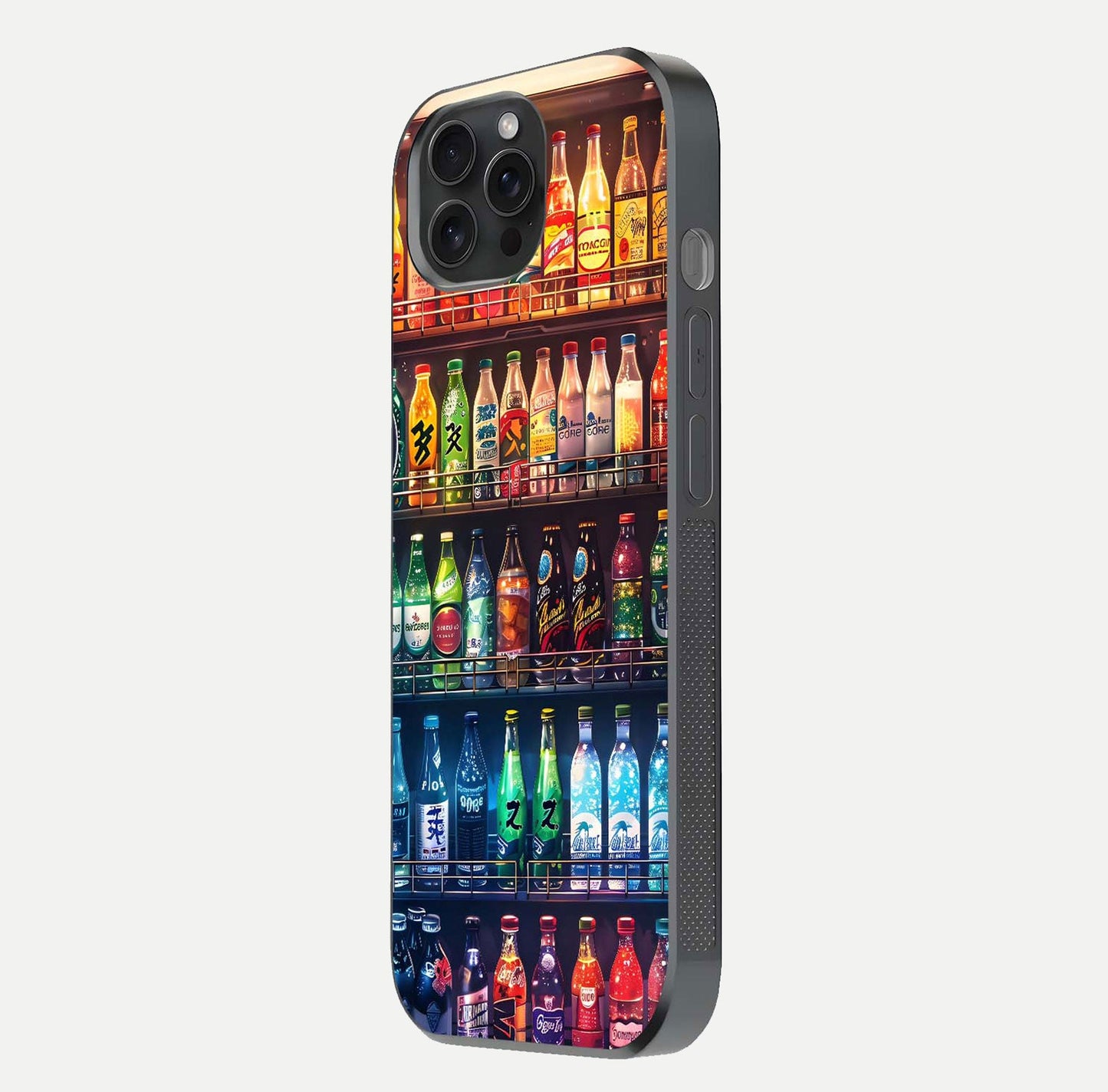 Colorful Soda Bottles Glass Case for iPhone 15 Pro side-angle photo showing polish shine and texture depth