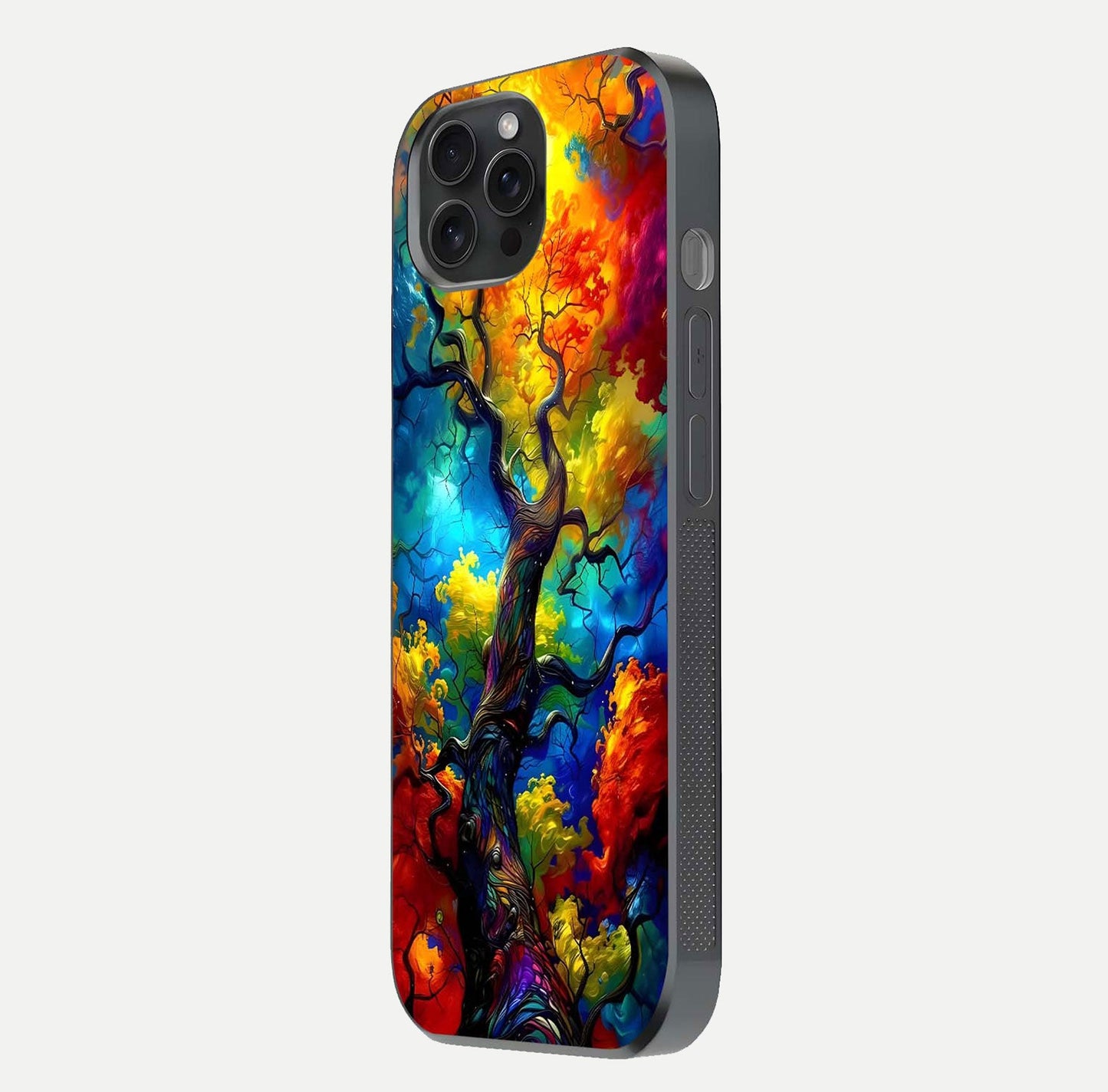 Colorful Tree Glass Case for iPhone 15 Pro side-angle image showing curve reflection and fine print texture