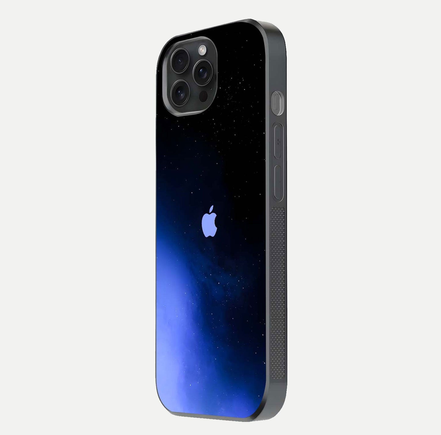 Cosmic Blue Apple Glass Case for iPhone 15 Pro side-angle image showing curve polish and star detail