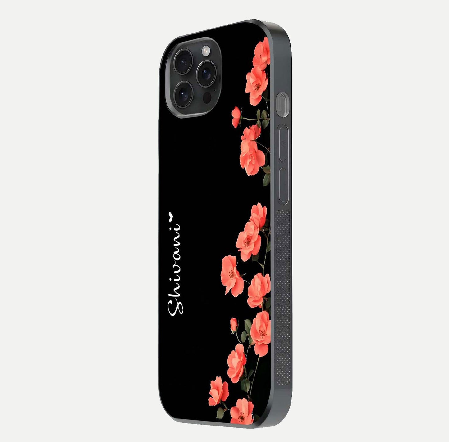 Crimson Bloom Grace Custom Name Glass Case for iPhone 15 Pro side-angle photo capturing edge glow and name clarity