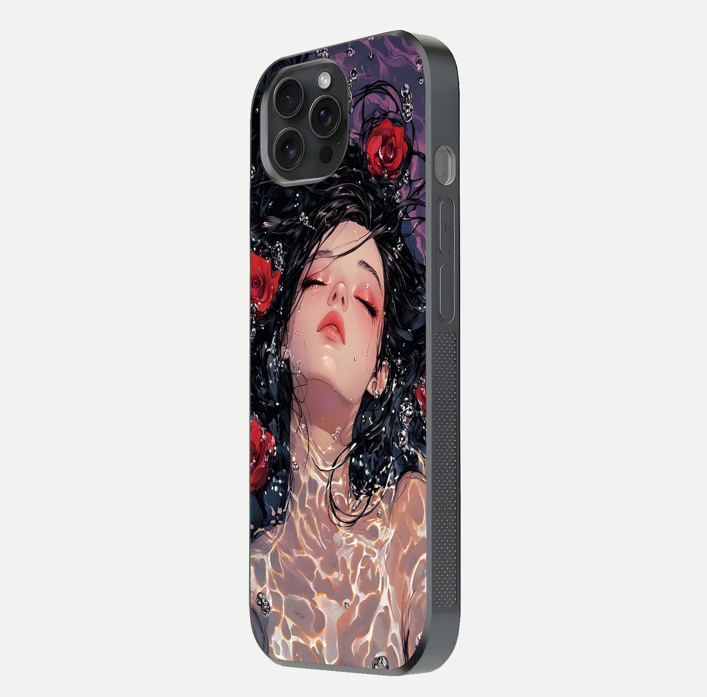 Crimson Rose Serenity Glass Case for iPhone 15 Pro side-angle photo showing glass reflection and soft edges