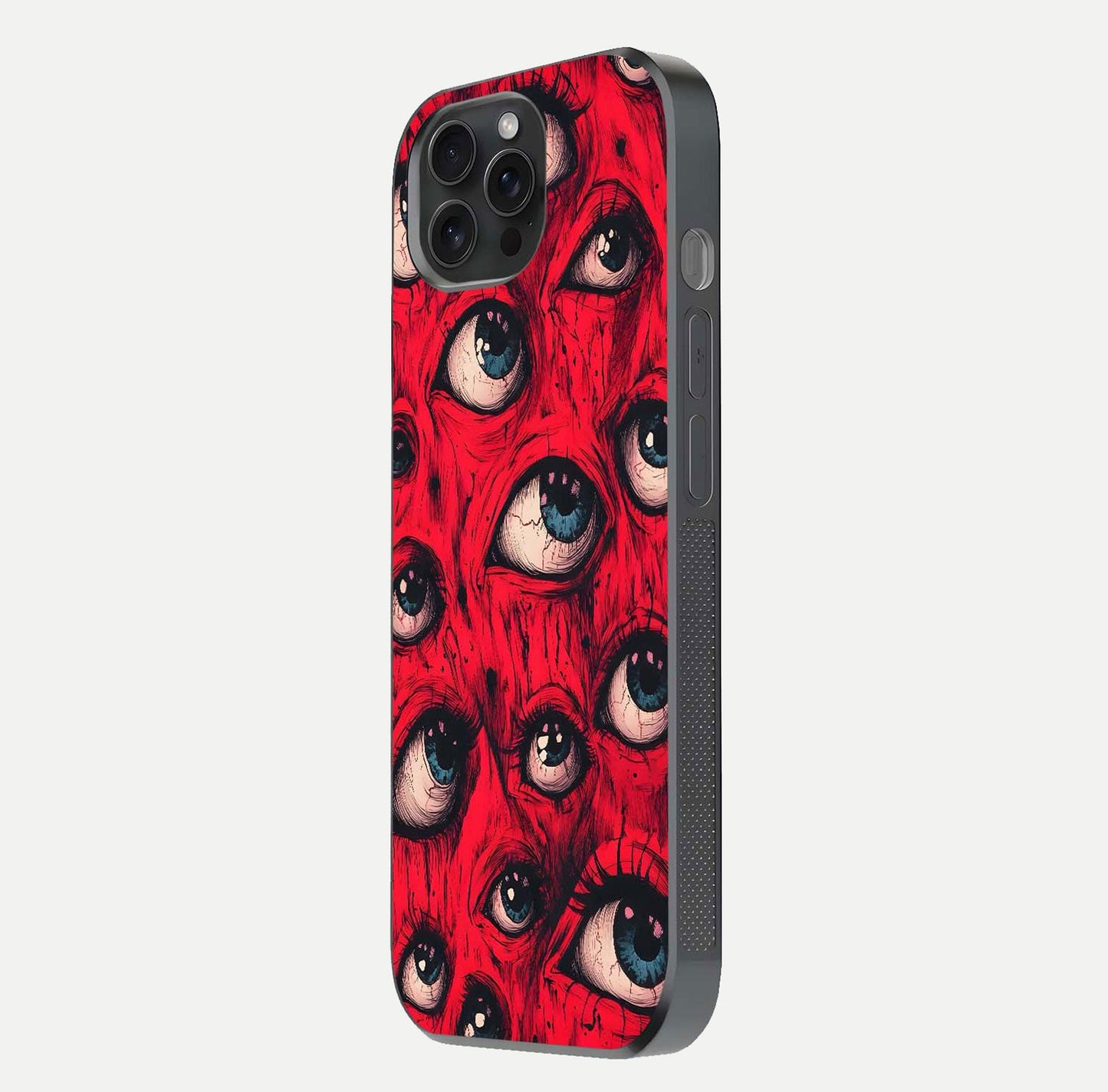 Crimson Watch Eyes Glass Case for iPhone 15 Pro side-angle photo showing reflection texture and shine