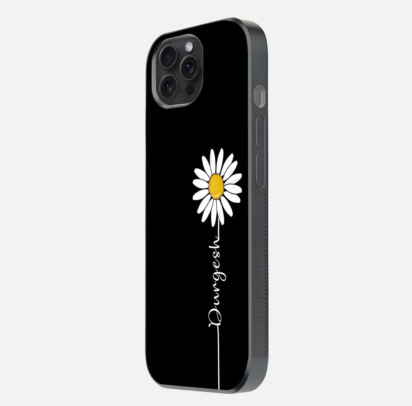 Custom Name White Flower Glass Case for iPhone 15 Pro side-angle photo showing reflection shine and name clarity