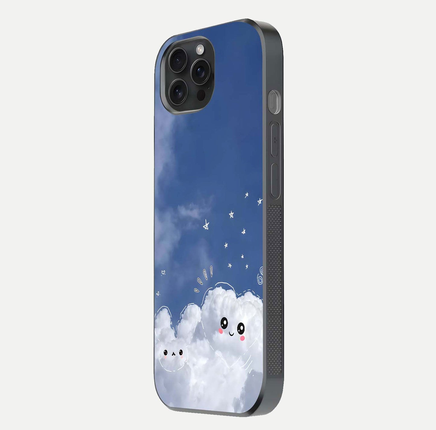 Cute Blossom Cloud Glass Case for iPhone 15 Pro side-angle image capturing gloss texture and curve reflection