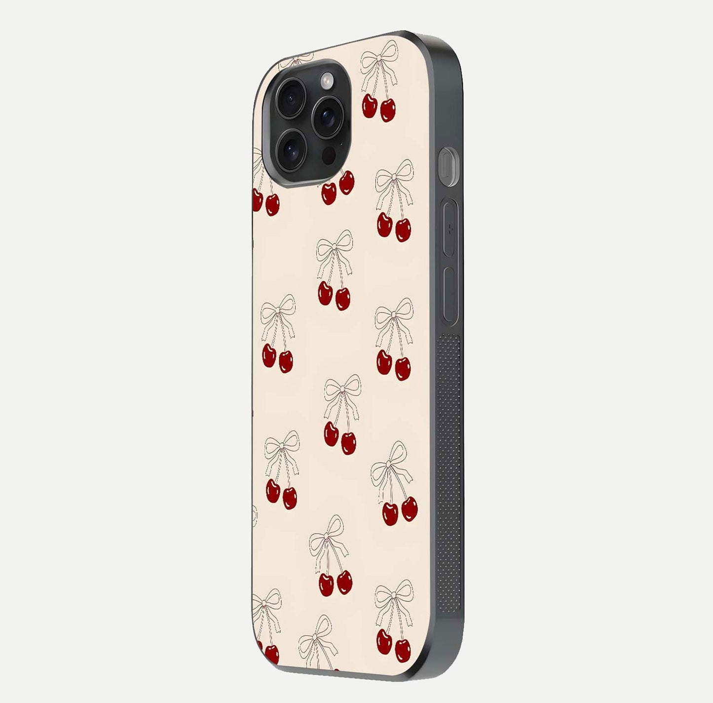 Cute Cherry Pattern Glass Case for iPhone 15 Pro side-angle photo highlighting gloss curve and pattern clarity