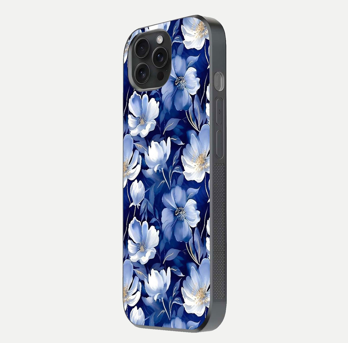 Cute Floral Patterns Glass Case for iPhone 15 Pro side-angle image showing polished surface and gloss tone