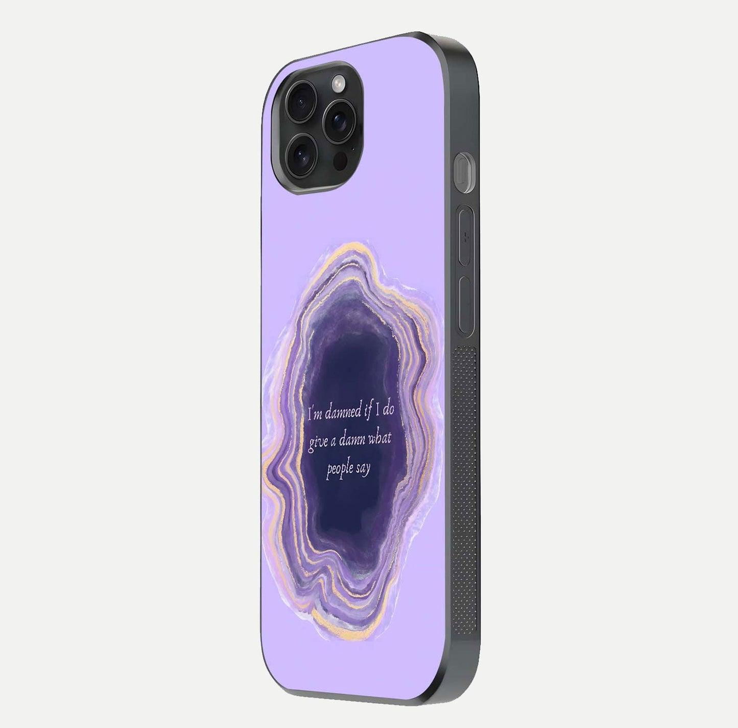 Damned People Quote Glass Case for iPhone 15 Pro side-angle image showing light shine and smooth edges