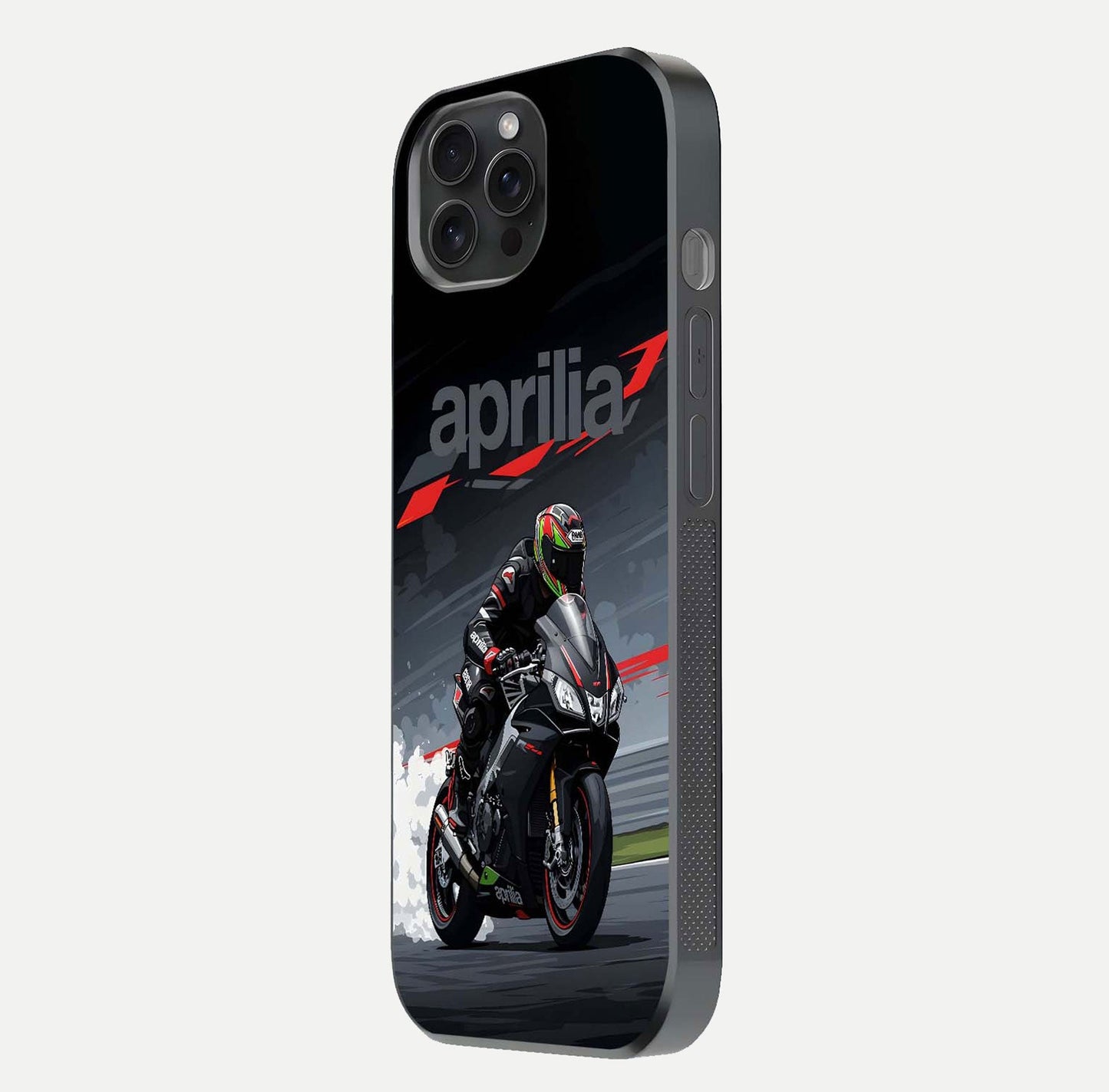 Dark Aprilla Glass Case for iPhone 15 Pro side-angle photo showing reflection gloss and curved edge finish