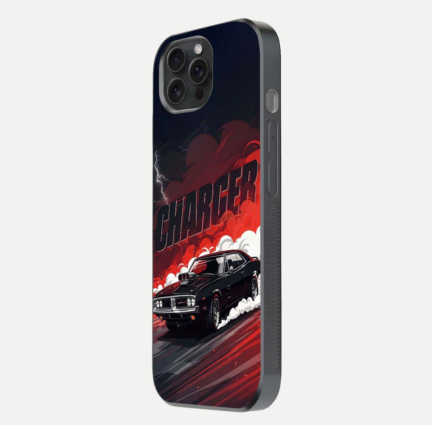 Dark Charger Fury Glass Case for iPhone 15 Pro side-angle image showing edge gloss and bold tone