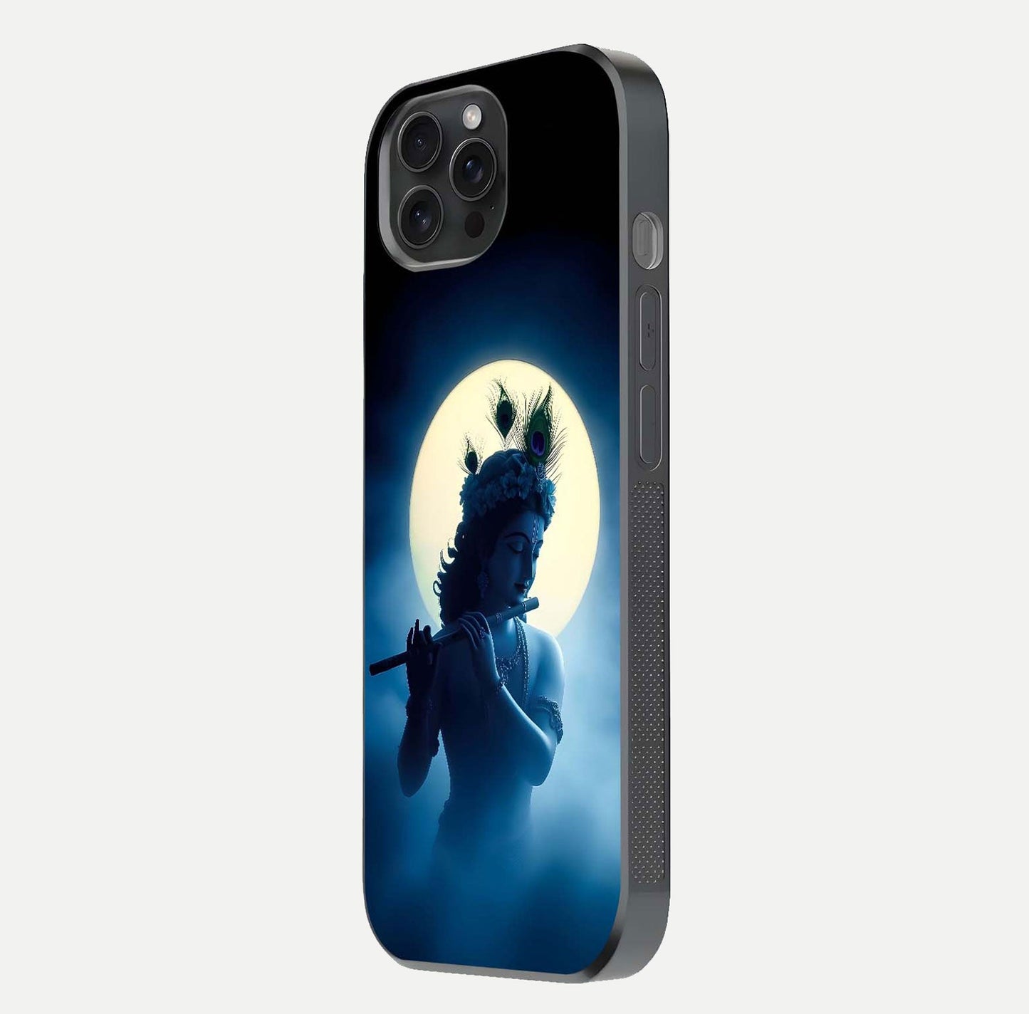Divine Moon Flute Glass Case for iPhone 15 Pro side-angle image capturing reflection depth and soft color