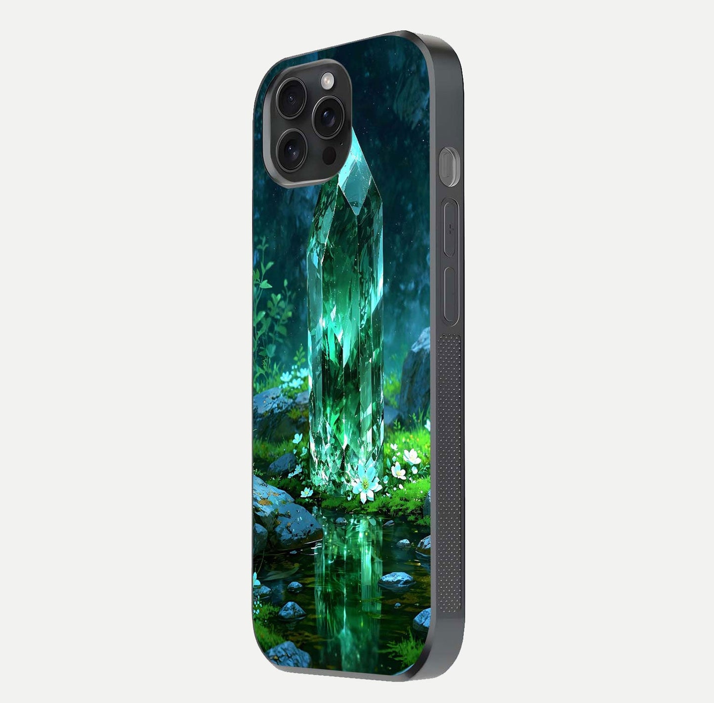 Emerald Light Crystal Glass Case for iPhone 15 Pro side-angle image showing gloss reflection and curved border