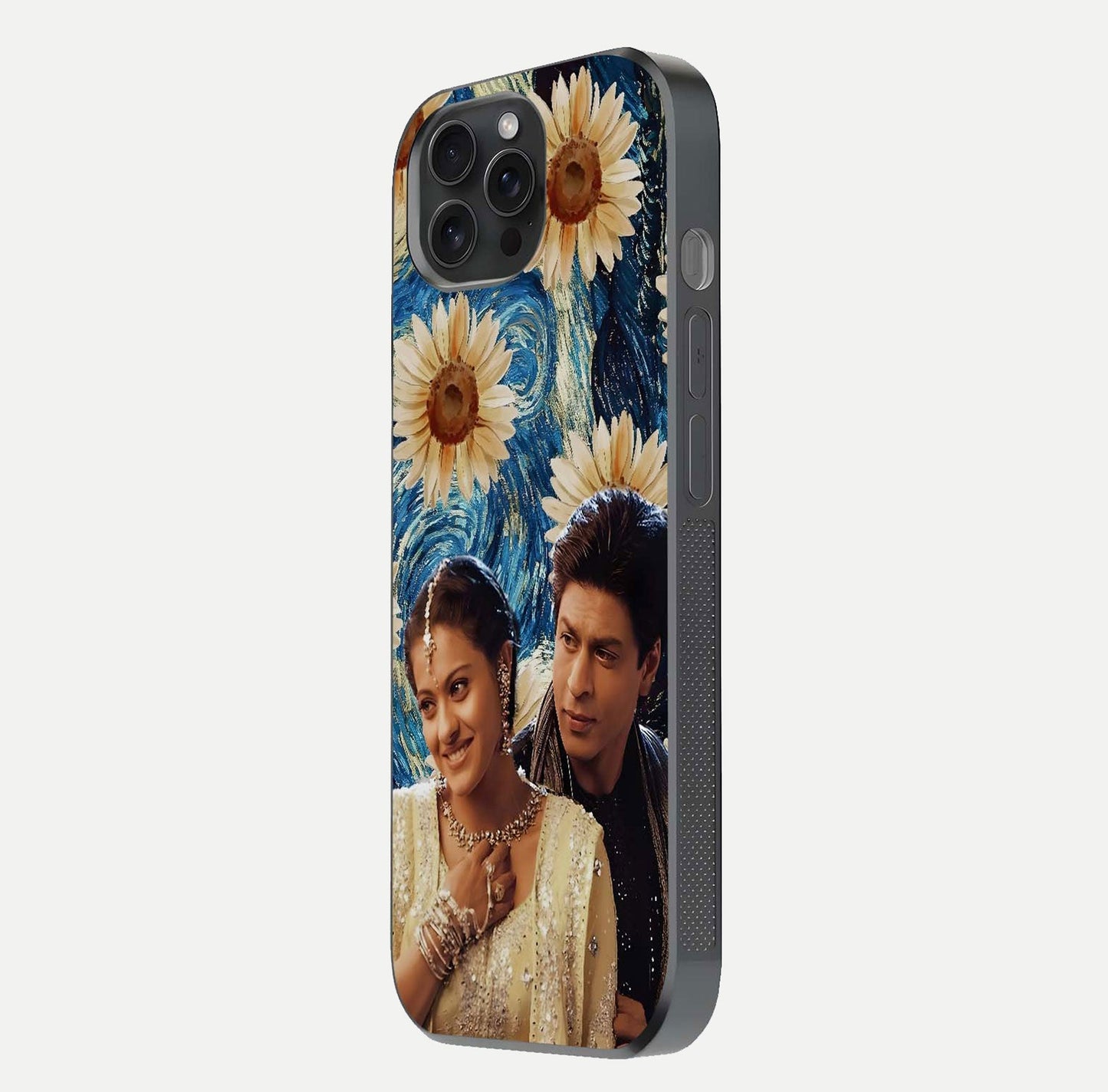 Eternal Love Story Glass Case for iPhone 15 Pro side-angle photo showing curved edges and polished surface