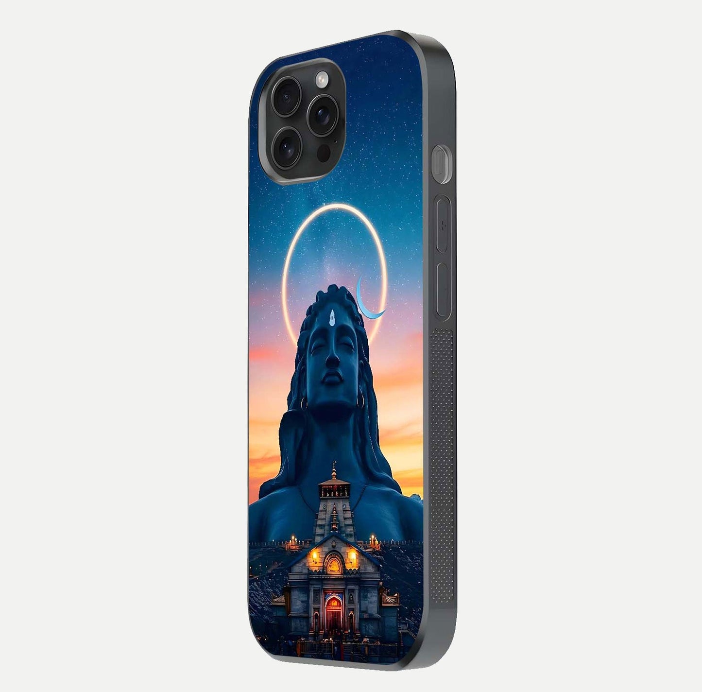 Eternal Shiva Aura Glass Case for iPhone 15 Pro side-angle image showing reflection clarity and rich tone