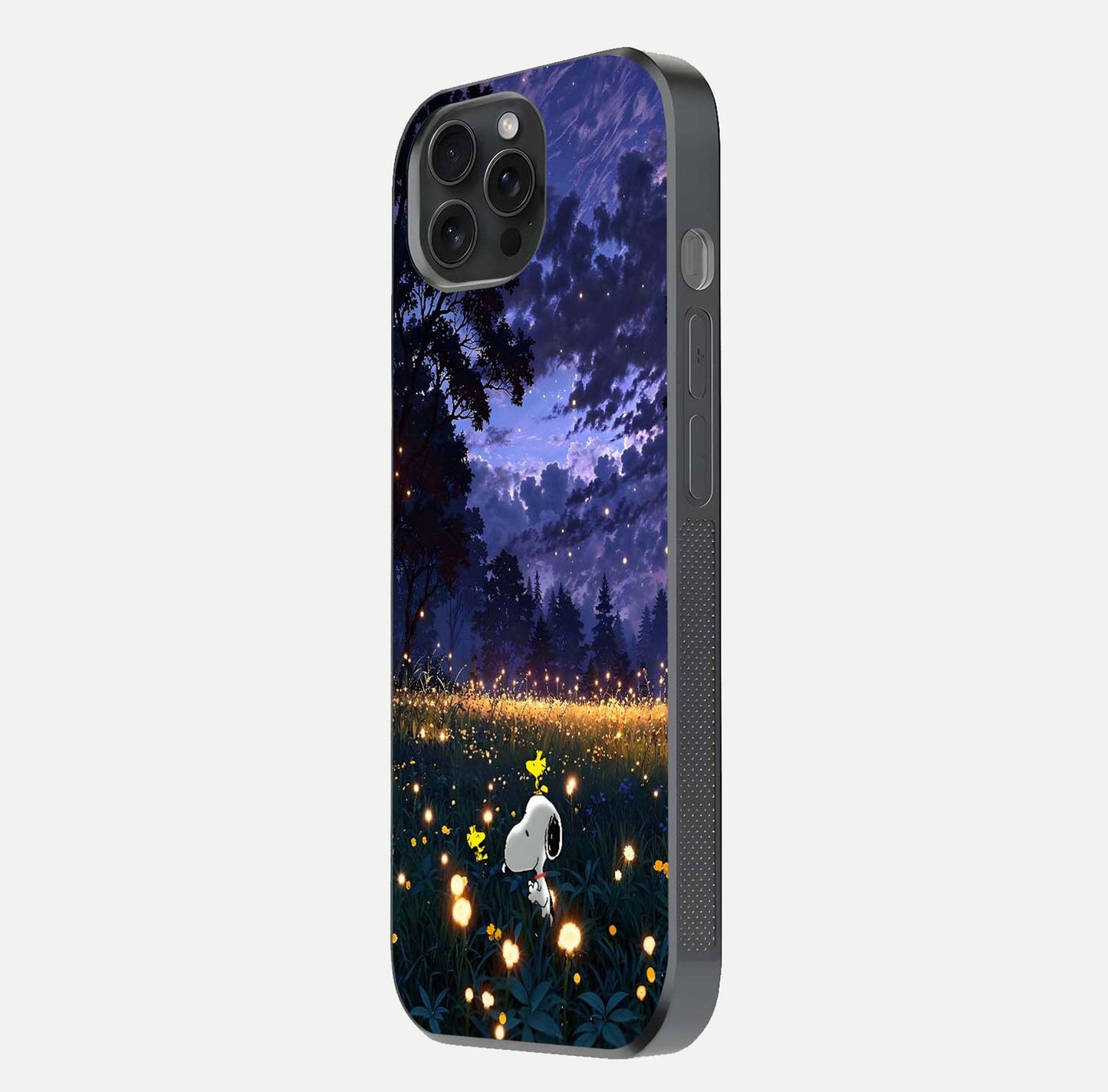 Firefly Meadow Magic Glass Case for iPhone 15 Pro side-angle image capturing glow reflection and fine texture