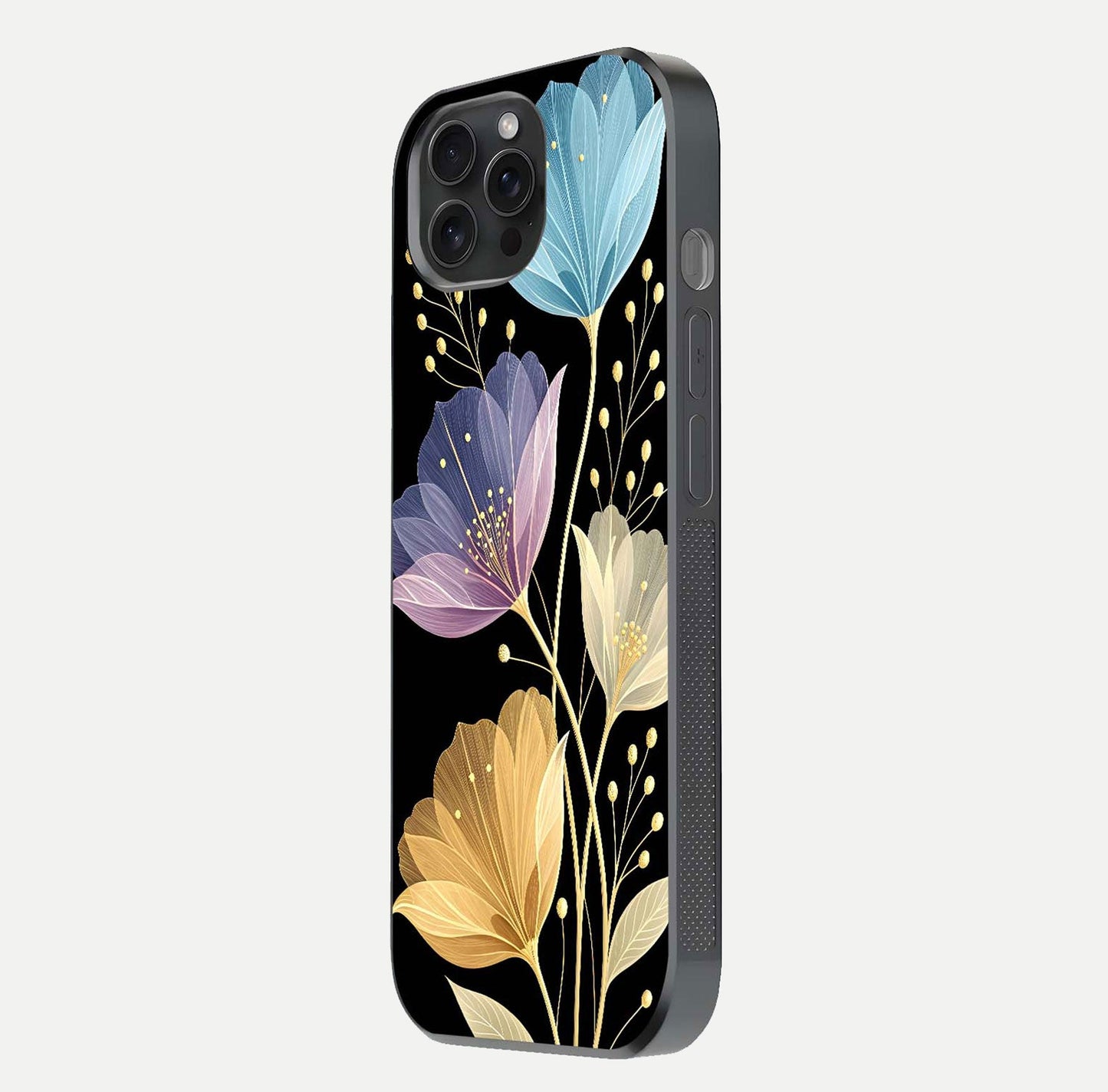 Flower Bloom Glow Glass Case for iPhone 15 Pro side-angle image capturing gloss reflection and flower glow
