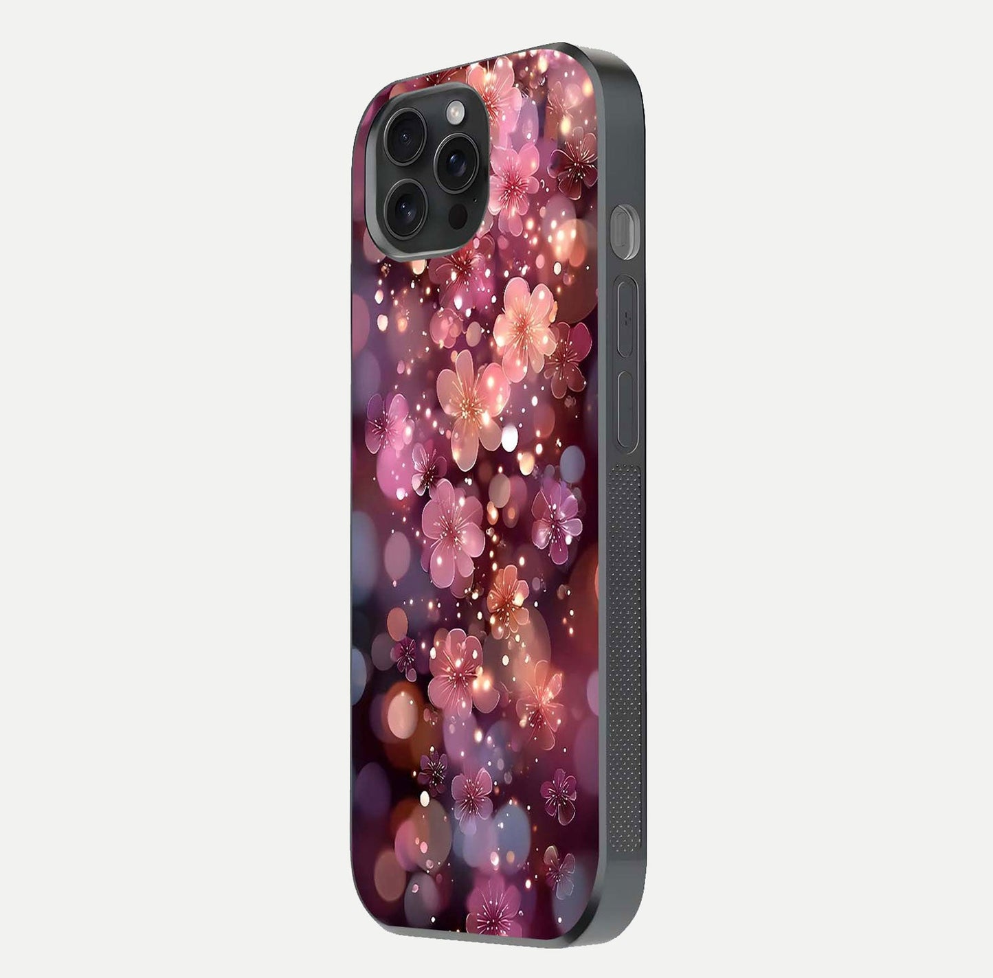 Glowing Petal Bliss Glass Case for iPhone 15 Pro side-angle image showing light reflection and soft floral texture