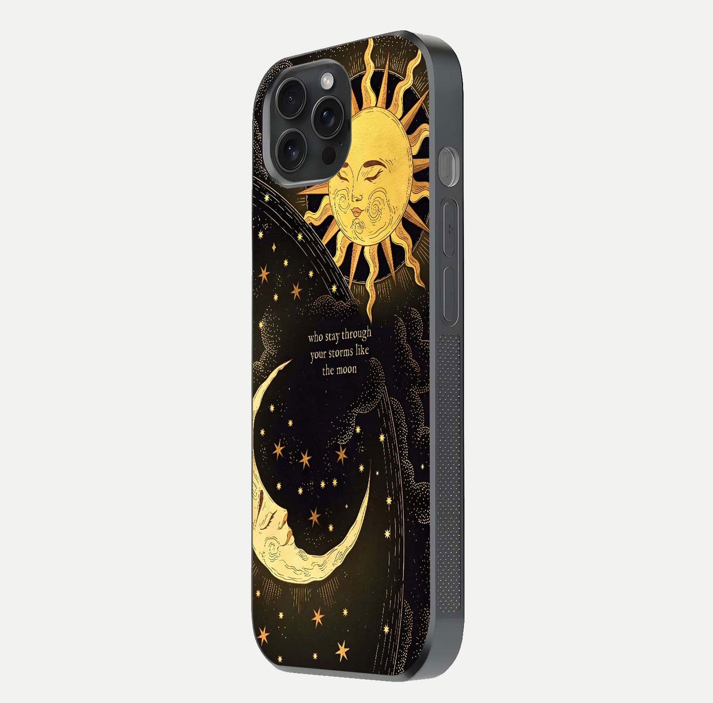 Golden Lunar Love Glass Case for iPhone 15 Pro side-angle image showing reflection brilliance and smooth golden tone