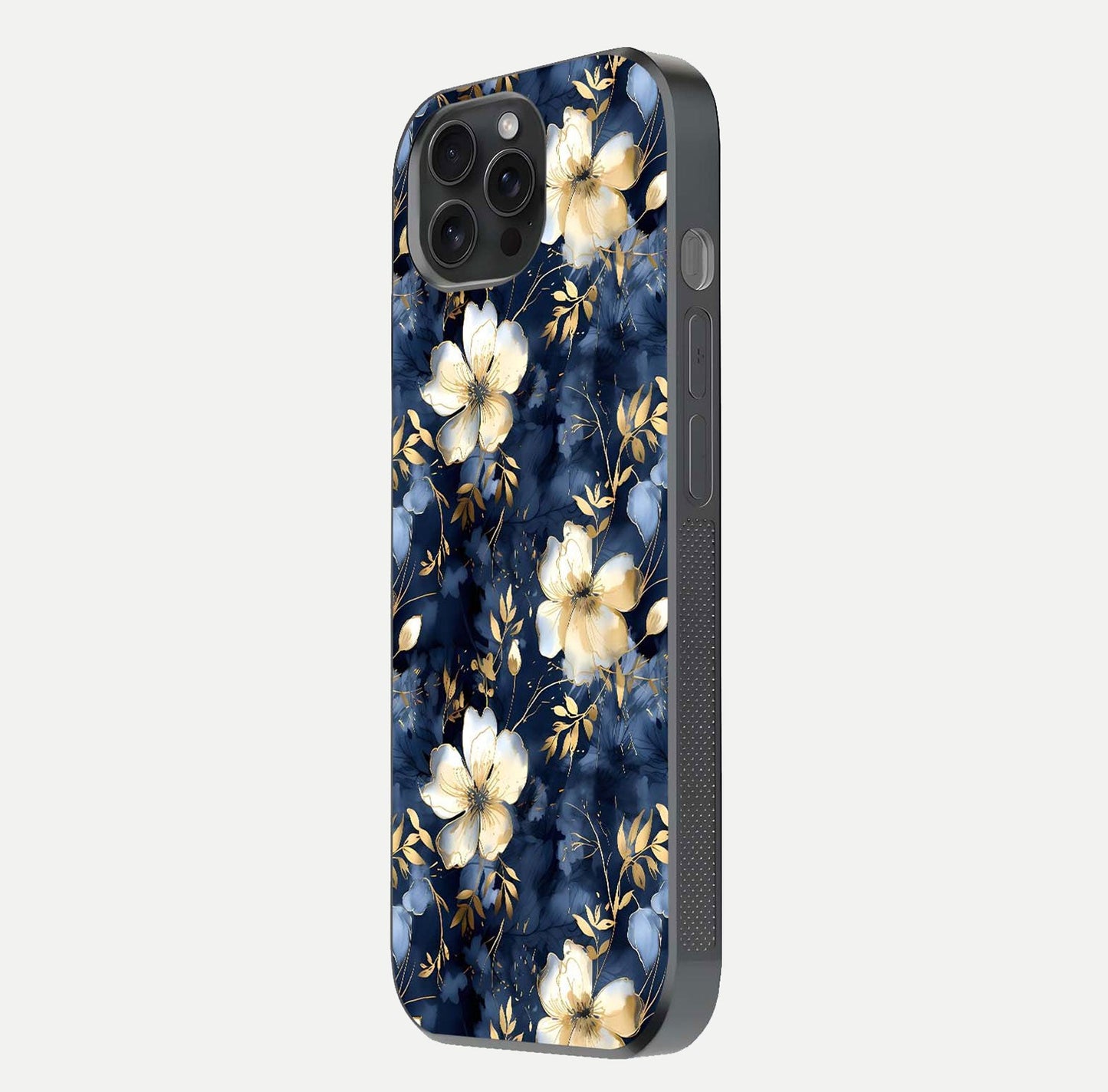 Golden Midnight Bloom Glass Case for iPhone 15 Pro side-angle image showing shine depth and elegant edge design