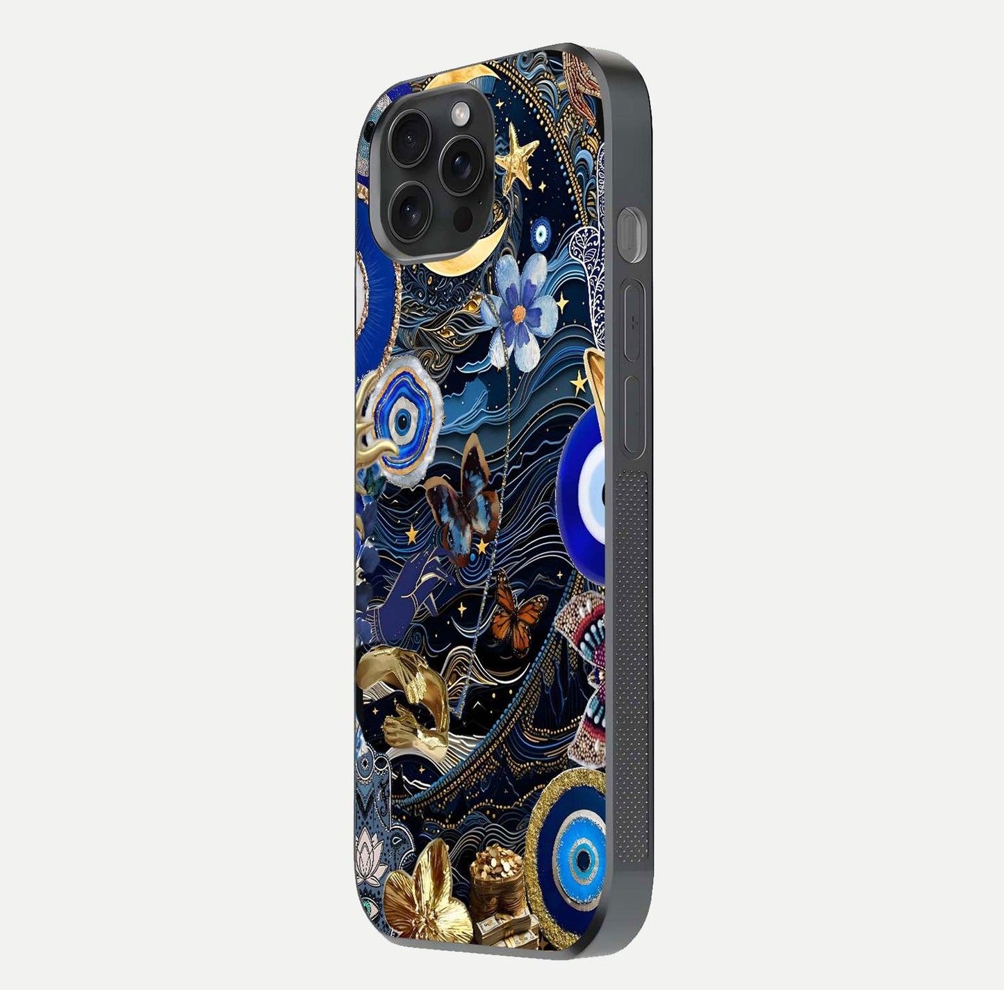 Golden Moon Magic Glass Case for iPhone 15 Pro side-angle image showing reflection glow, curved polish, and moon detail