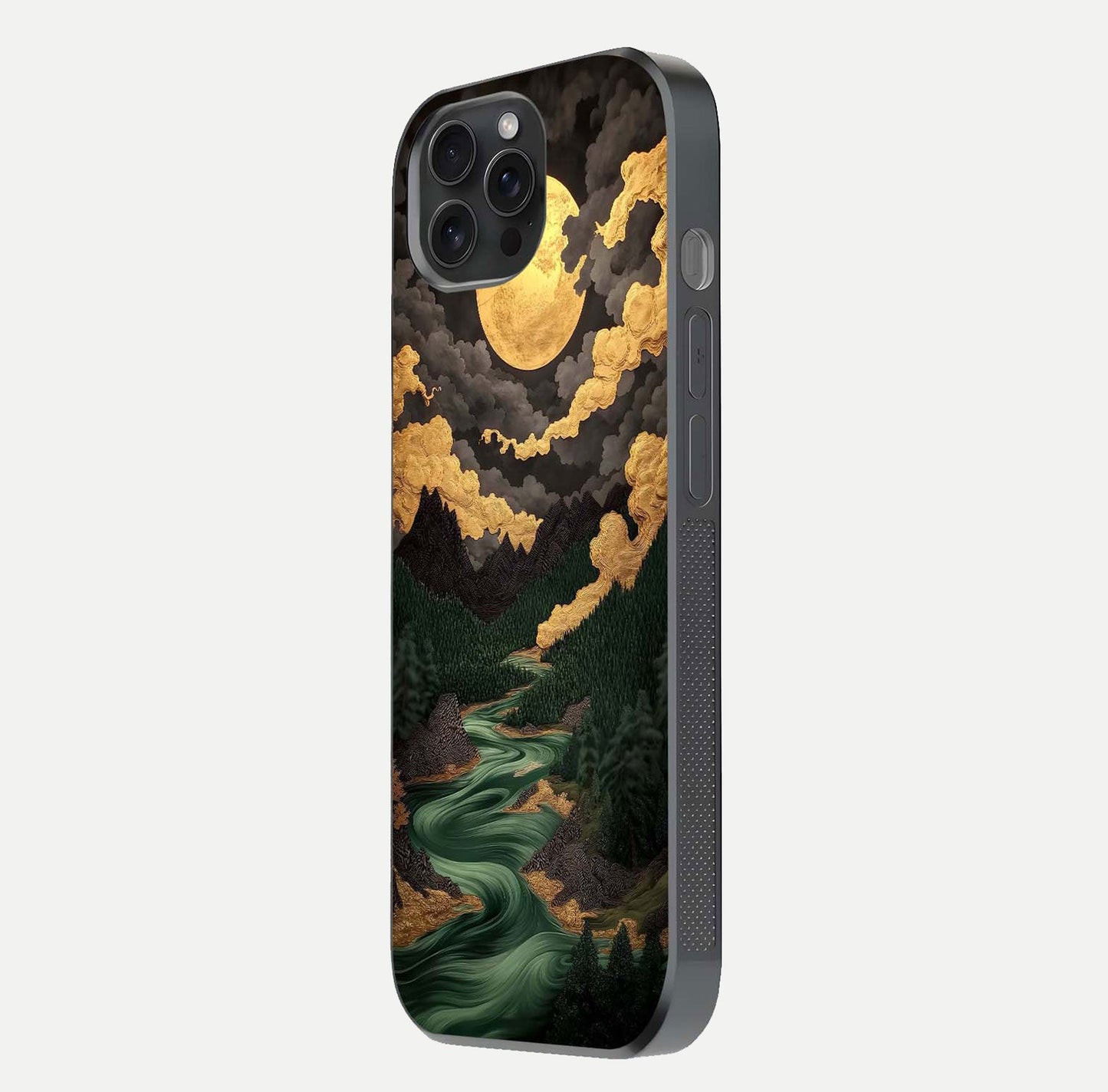 Golden River Moon Glass Case for iPhone 15 Pro side-angle image showing reflection clarity and detailed nightscape