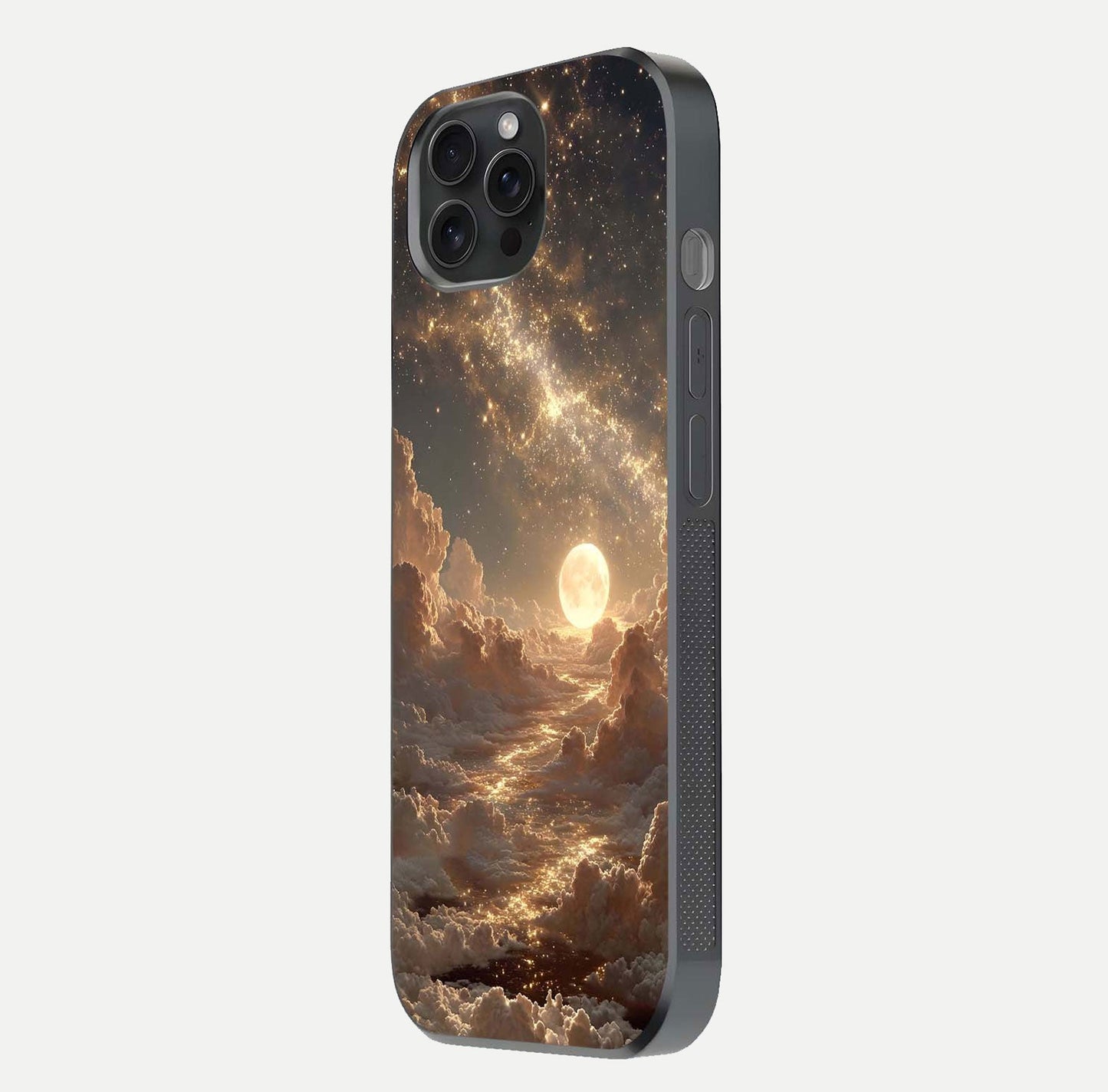 Golden Sky Dream Glass Case for iPhone 15 Pro side-angle image showing reflection shine and smooth surface