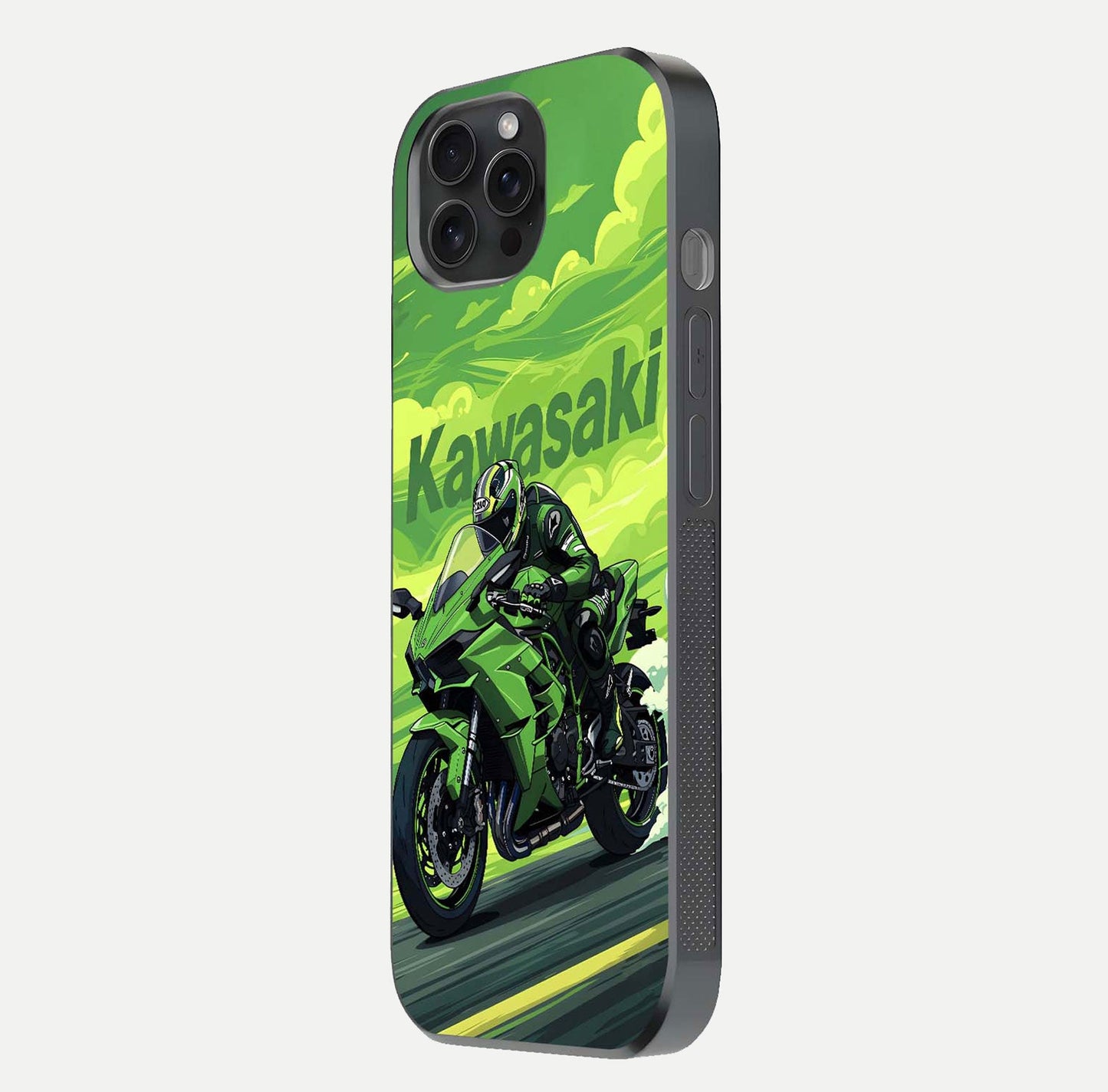 Green Kawasaki Glass Case for iPhone 15 Pro side-angle image showing reflection depth and metallic green accent