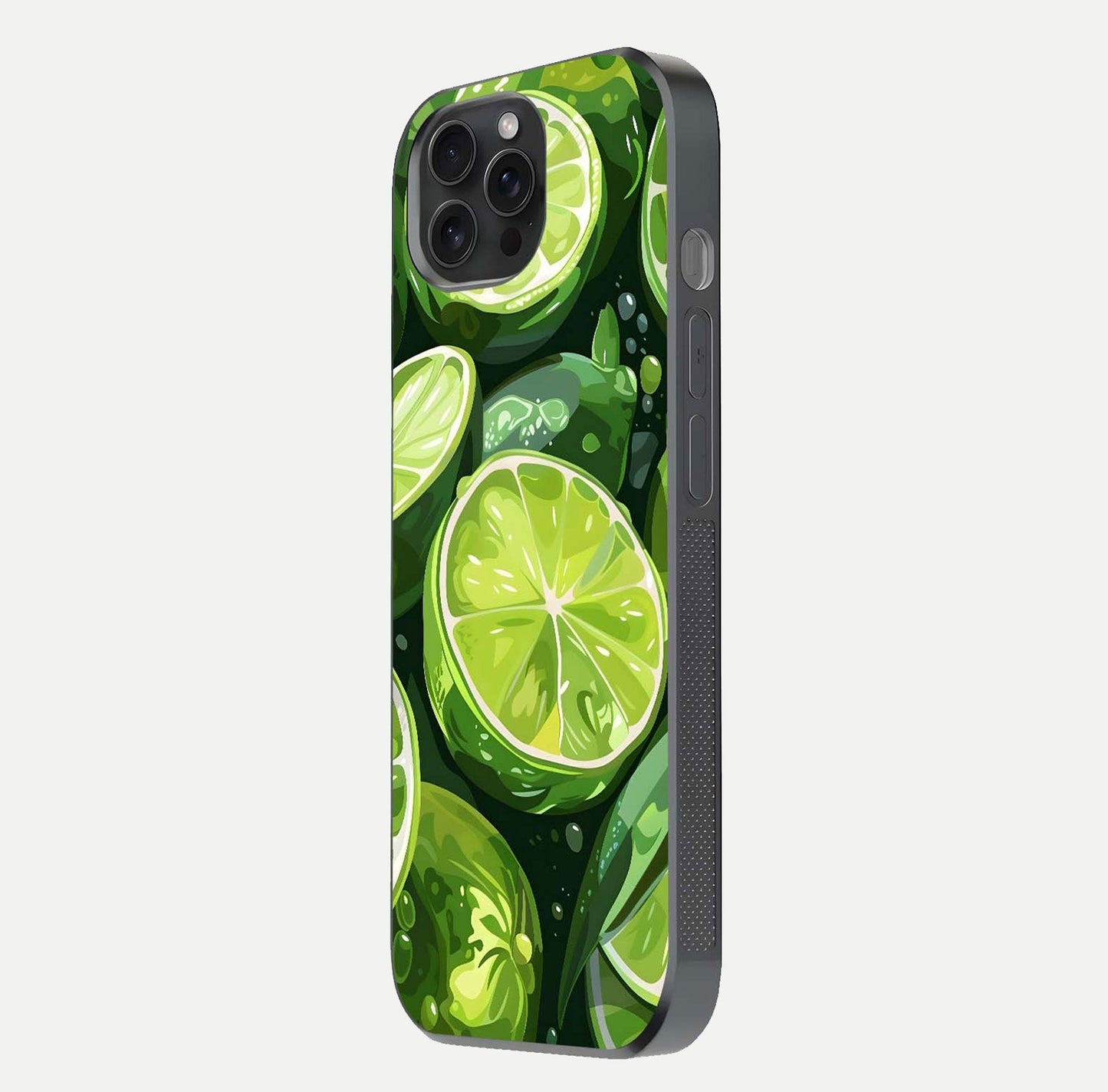 Green Lemon Glass Case for iPhone 15 Pro side-angle image showing reflection glow and juicy color tones