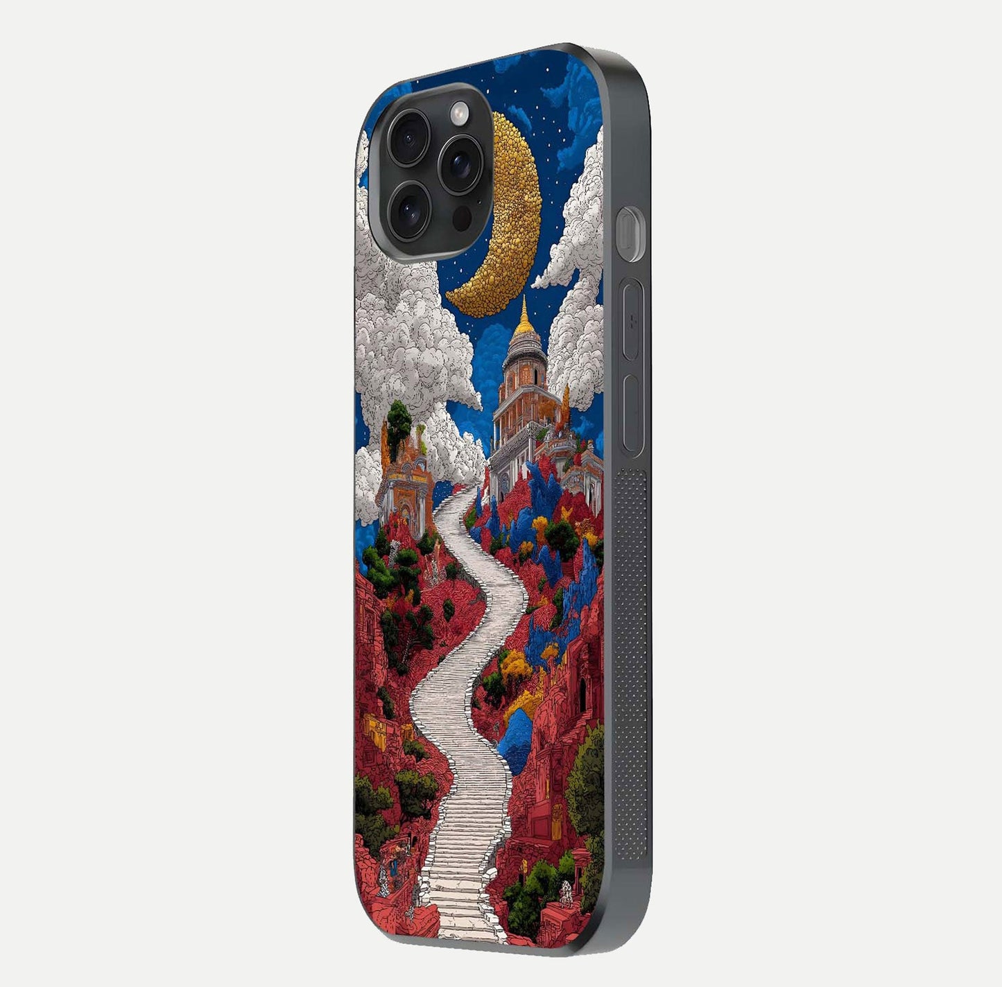 Heavenly Moon Path Glass Case for iPhone 15 Pro side-angle image showing reflection clarity and serene moon glow