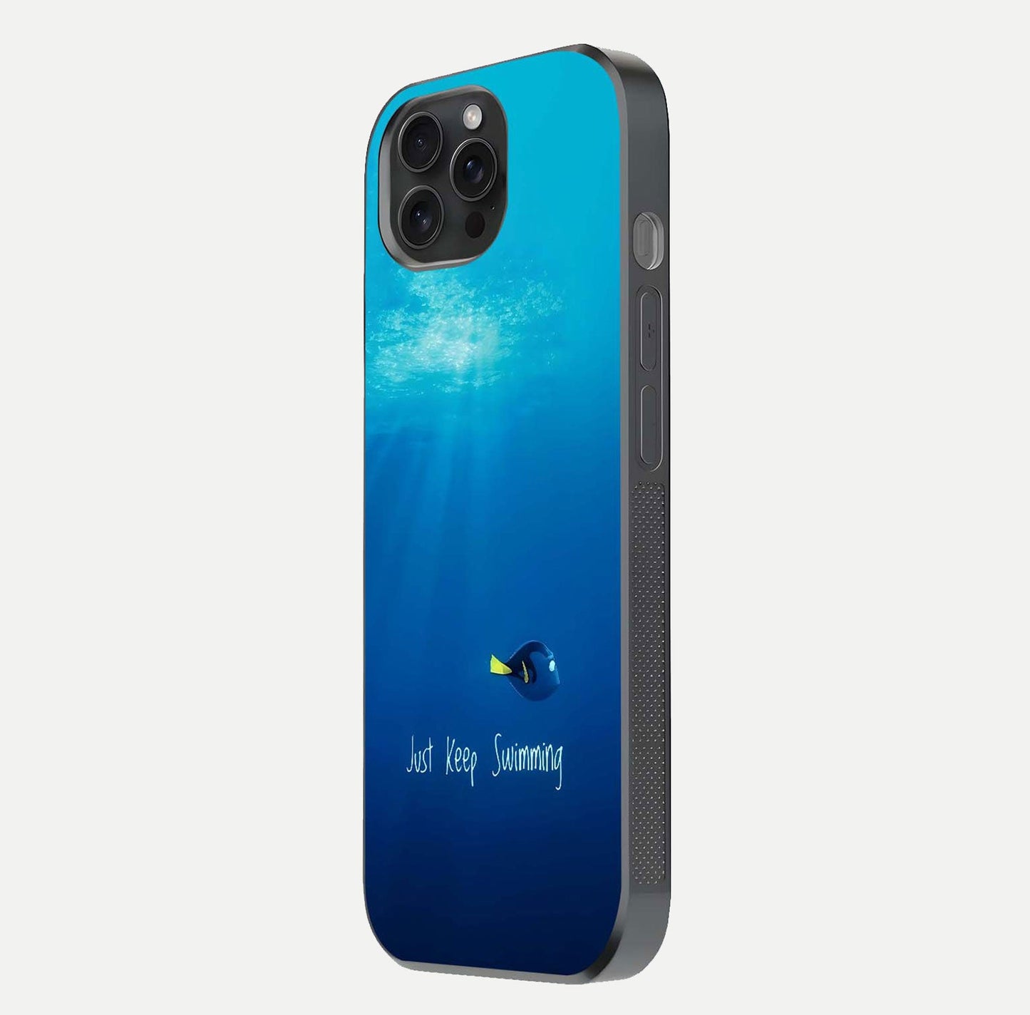Just Keep Swimming Glass Case for iPhone 15 Pro side-angle image highlighting reflective surface and positive quote