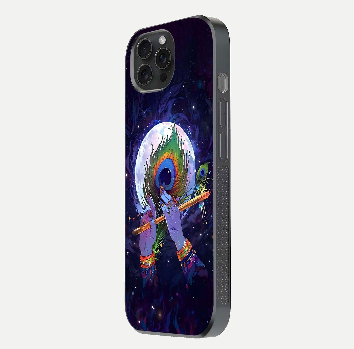 Krishna Hands Art Glass Case for iPhone 15 Pro side-angle image highlighting reflection brightness and vivid print