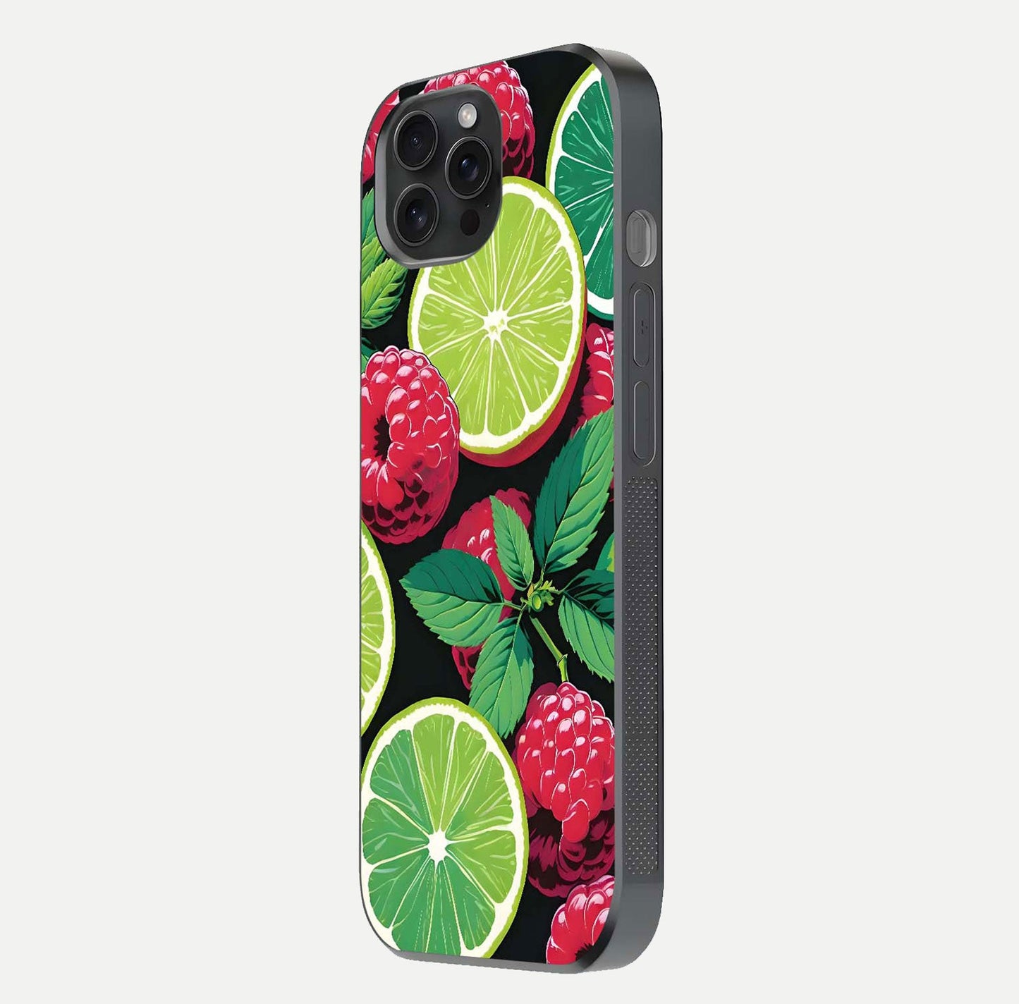 Lime and Raspberry Pattern Glass Case for iPhone 15 Pro side-angle view revealing colorful fruit artwork details