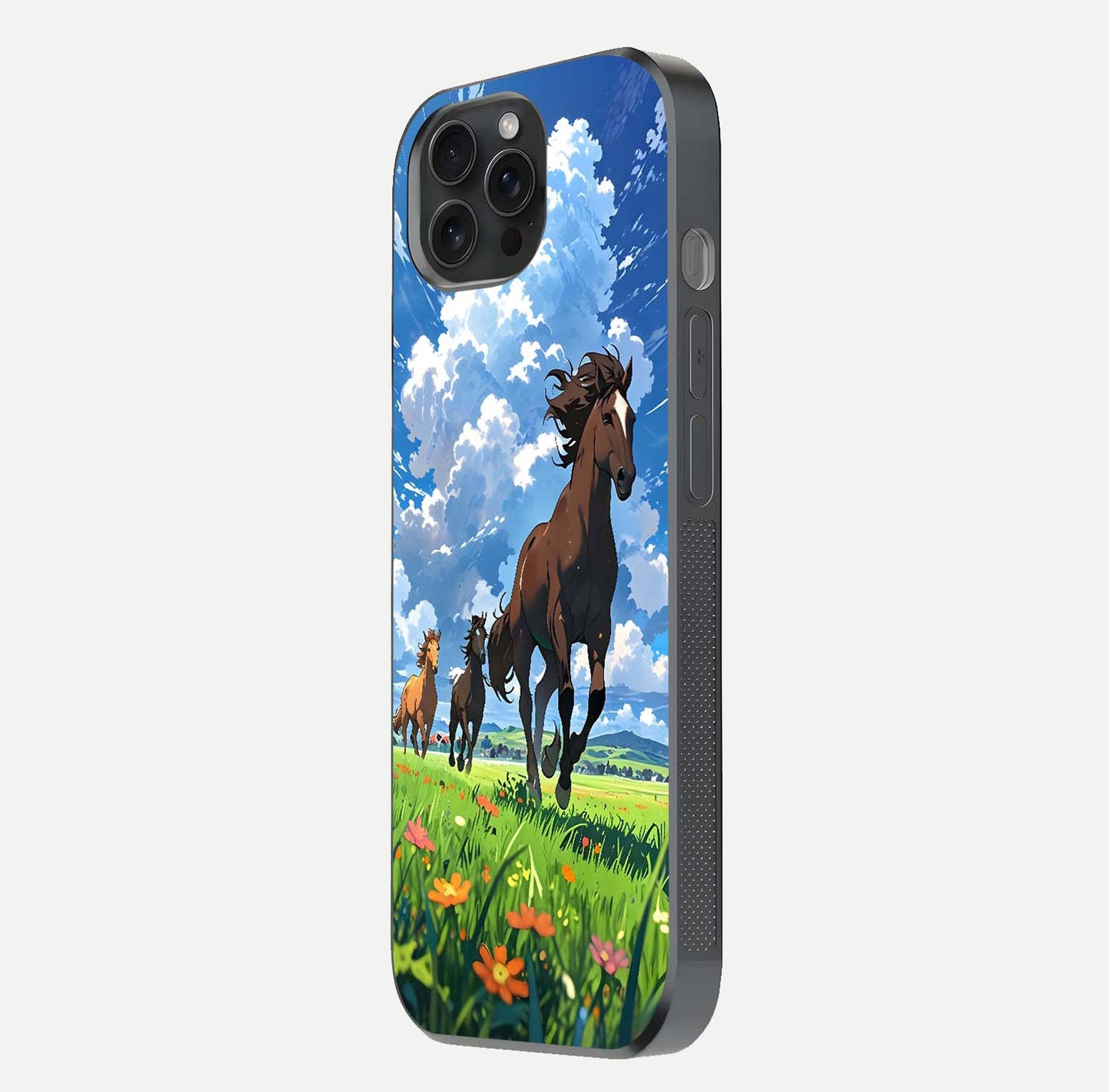 Majestic Horses Galloping Glass Case for iPhone 15 Pro side-angle shot emphasizing reflection and running artwork