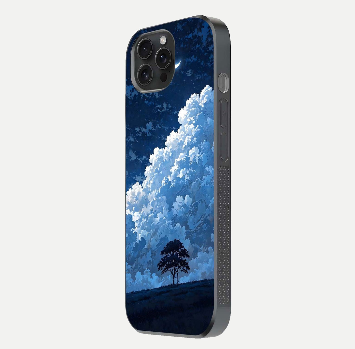 Midnight Sky Serenity Glass Case for iPhone 15 Pro side-angle image showing soft glow and smooth reflection