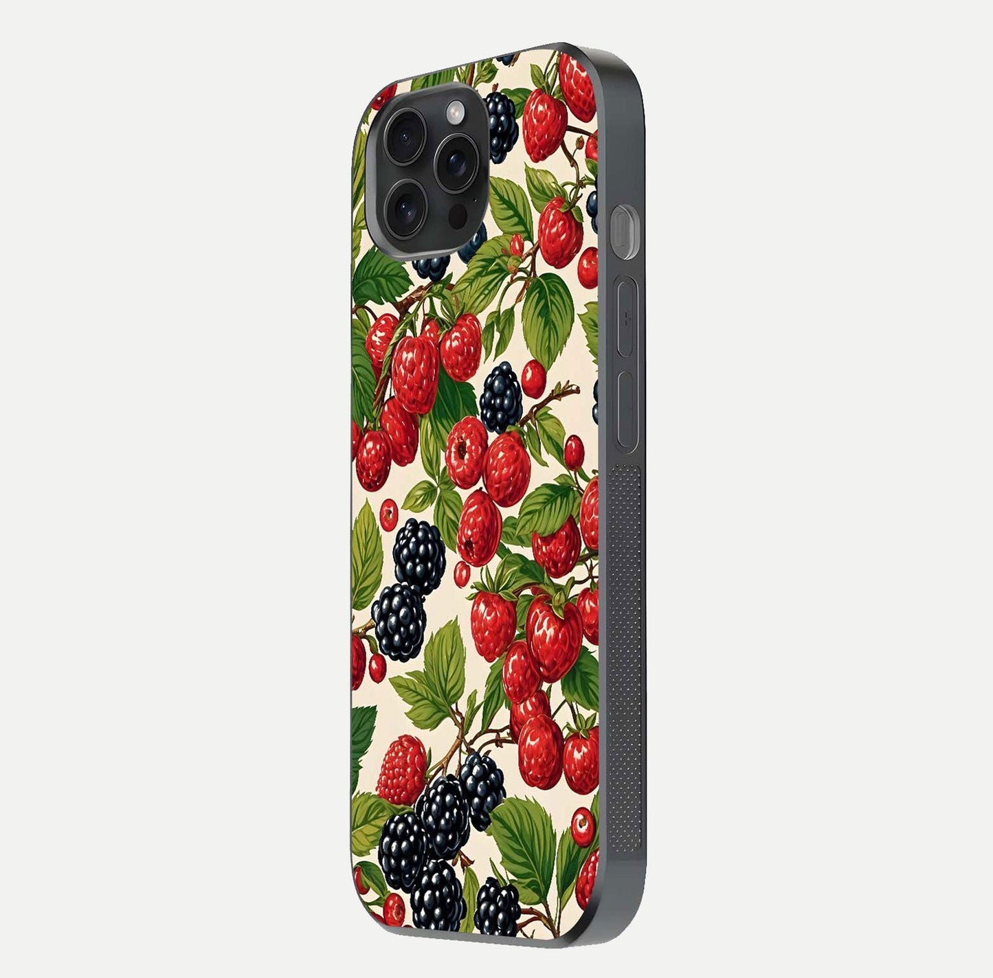 Mixed Berry Collage Glass Case for iPhone 15 Pro side-angle image showing reflection and HD fruit texture