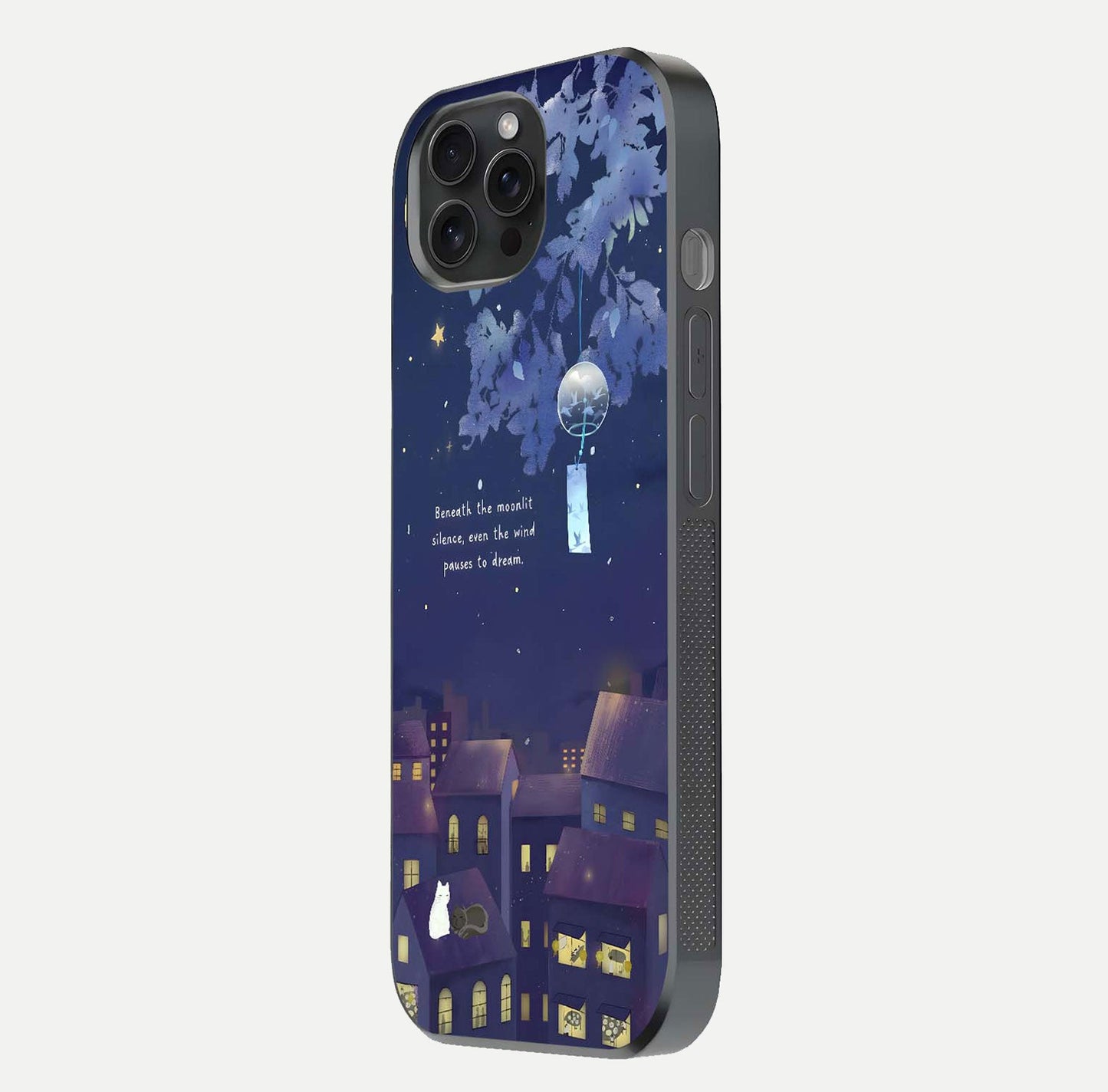 Moonlit Cat Silence Glass Case for iPhone 15 Pro side-angle image showing HD gloss and feline artwork detail