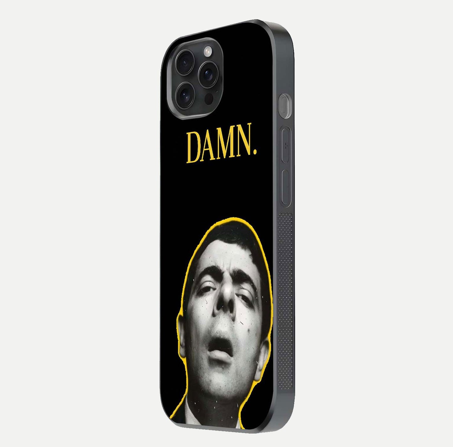 Mr Bean Damn Glass Case for iPhone 15 Pro side-angle image emphasizing HD print clarity and playful theme