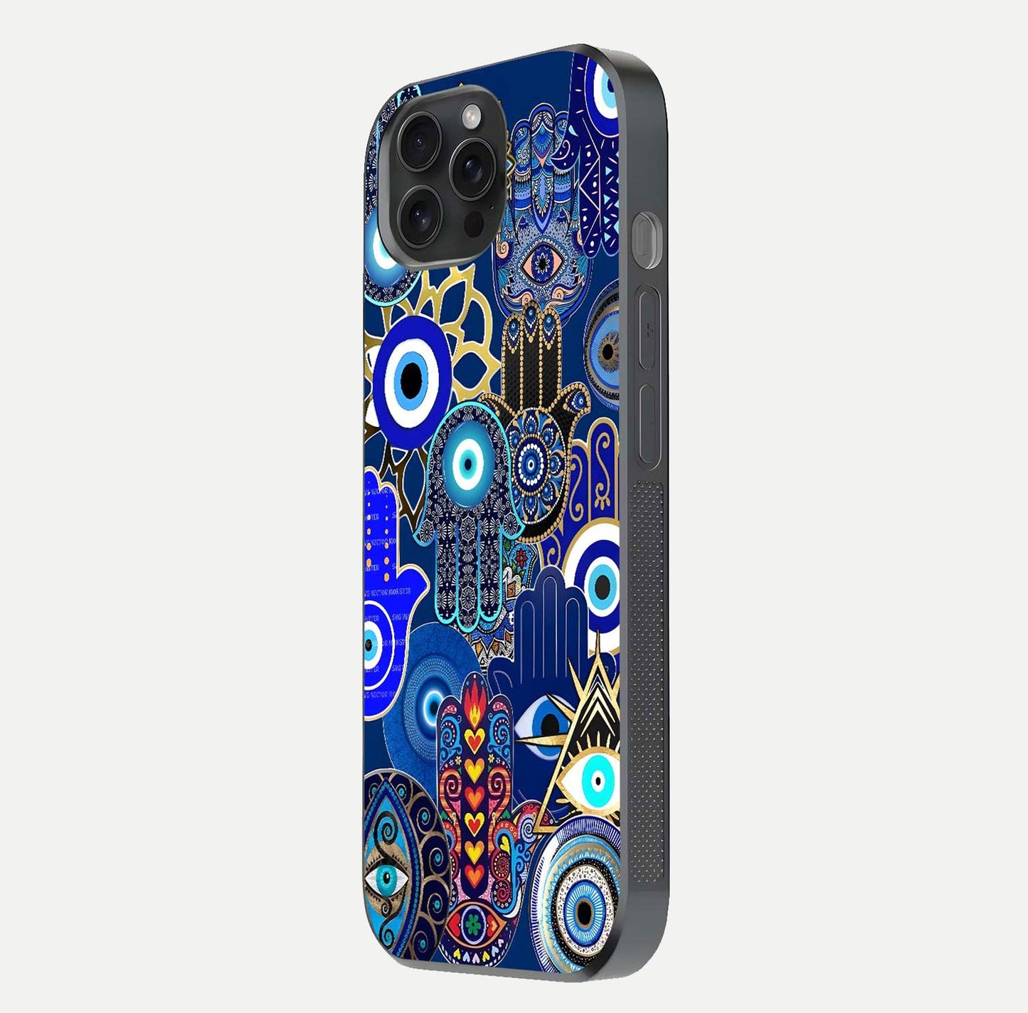 Mystic Palm Guard Glass Case for iPhone 15 Pro side-angle image showing shine depth and sacred motif