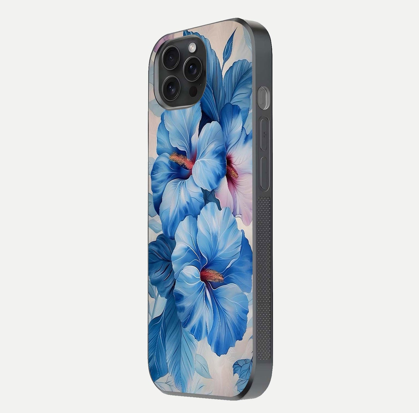 Ocean Hibiscus Grace Glass Case for iPhone 15 Pro side-angle image showing smooth texture and hibiscus details
