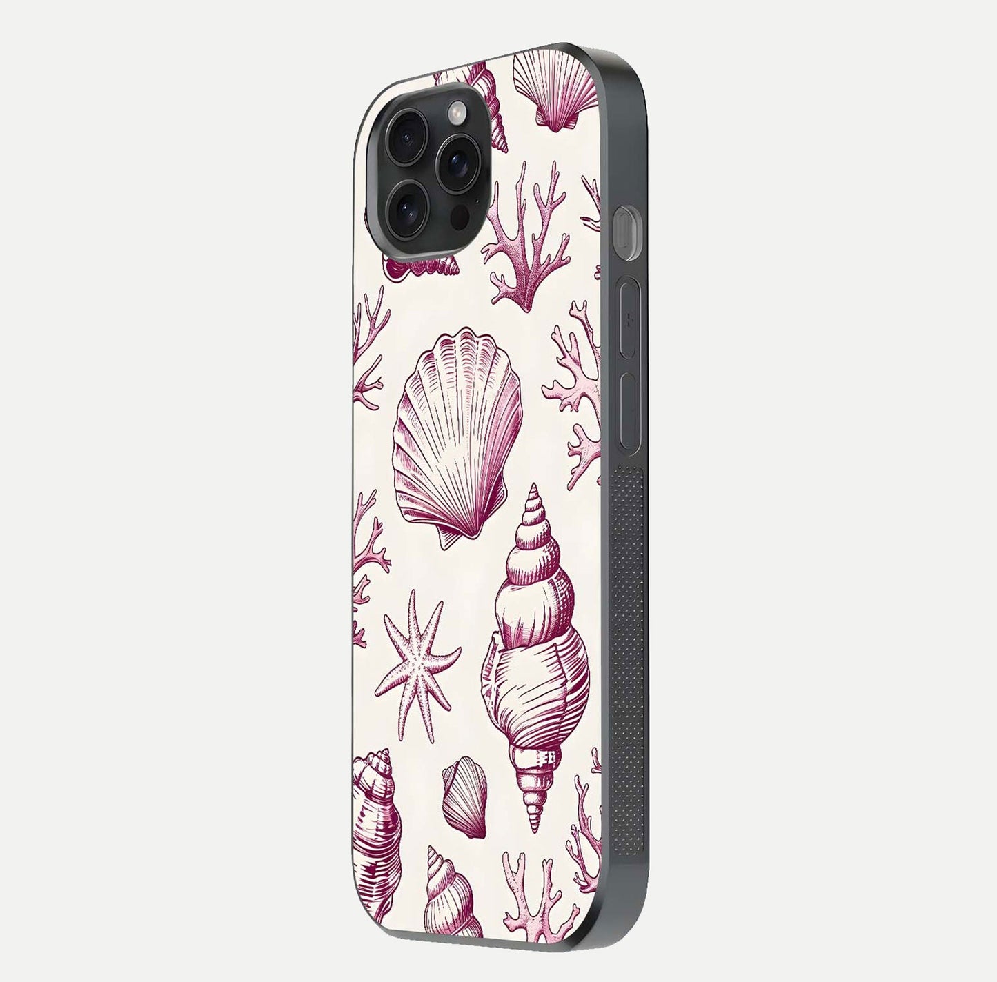 Pink Shells Outline Glass Case for iPhone 15 Pro side-angle image showing shine and intricate outline texture