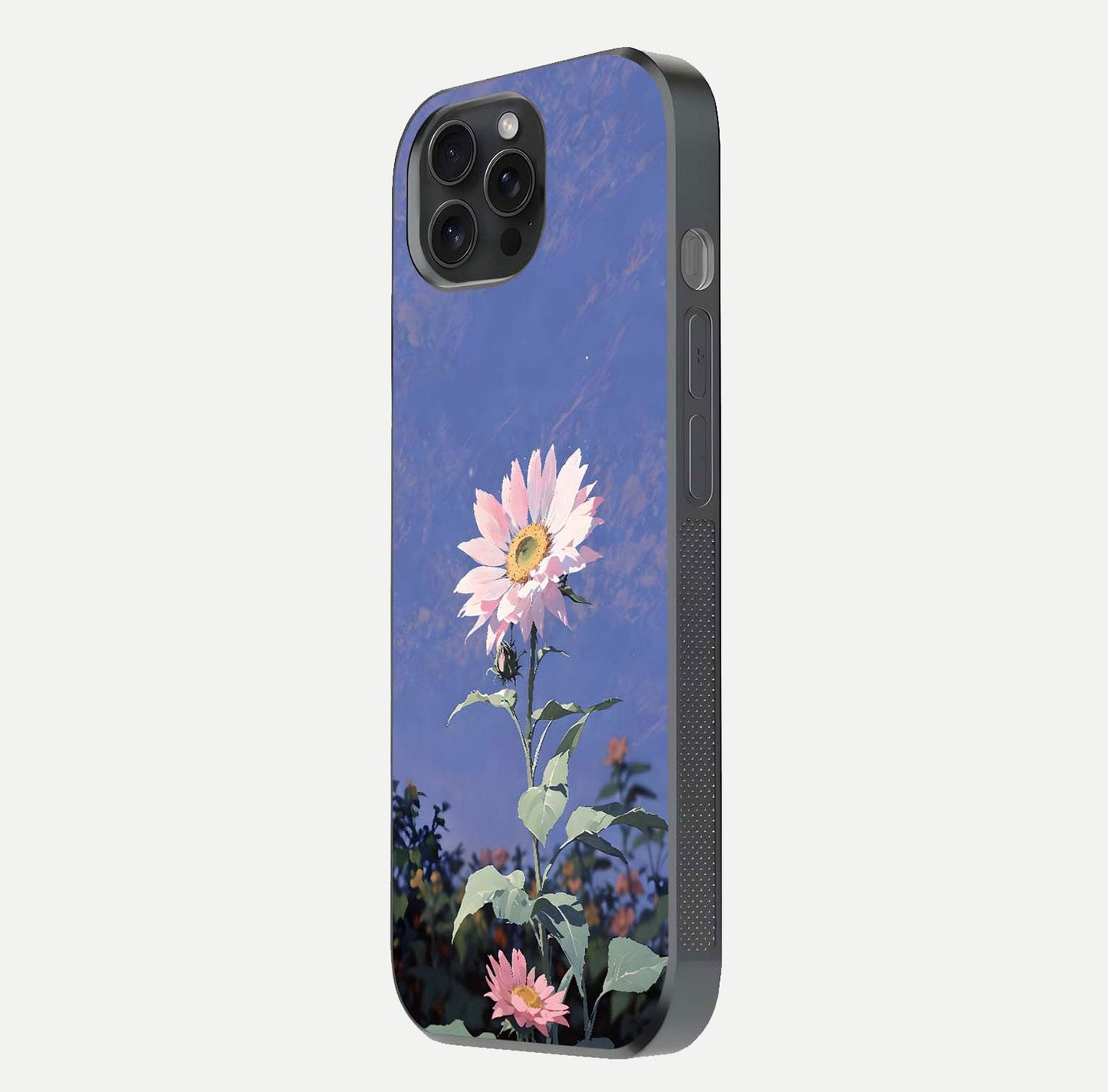 Pink Sunflower Glow Glass Case for iPhone 15 Pro side-angle image showing glossy edges and vivid sunflower tones