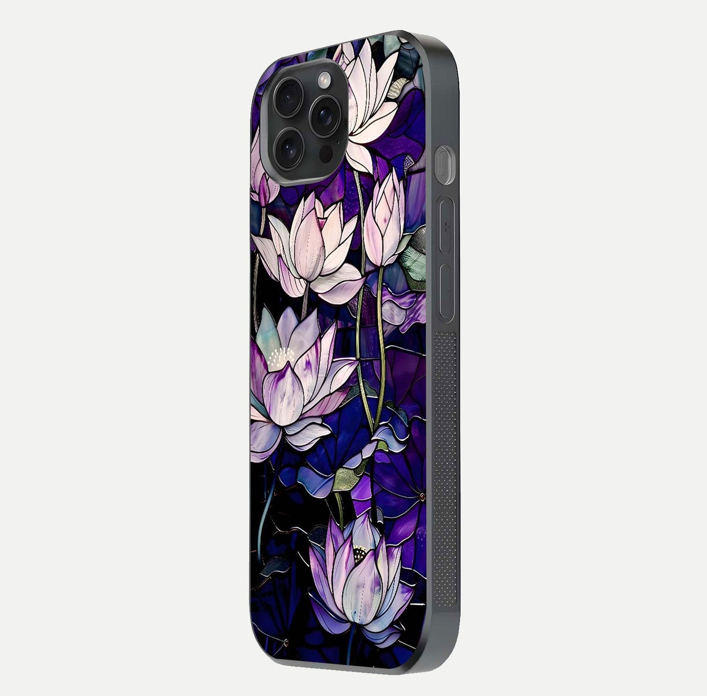 Purple Lotus Pattern Glass Case for iPhone 15 Pro side-angle image showing reflection depth and lotus detail