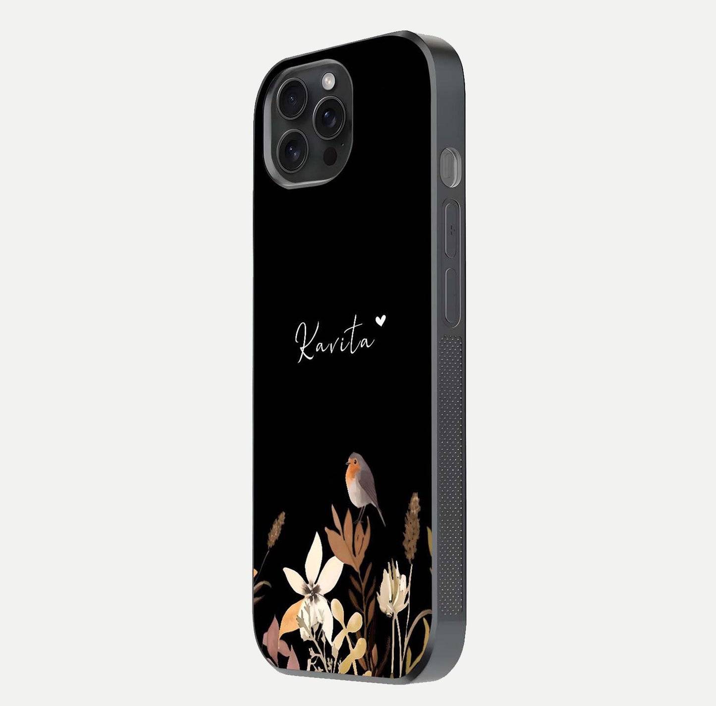 Quiet Garden Tune Custom Name Glass Case for iPhone 15 Pro side-angle image showing reflection and floral design
